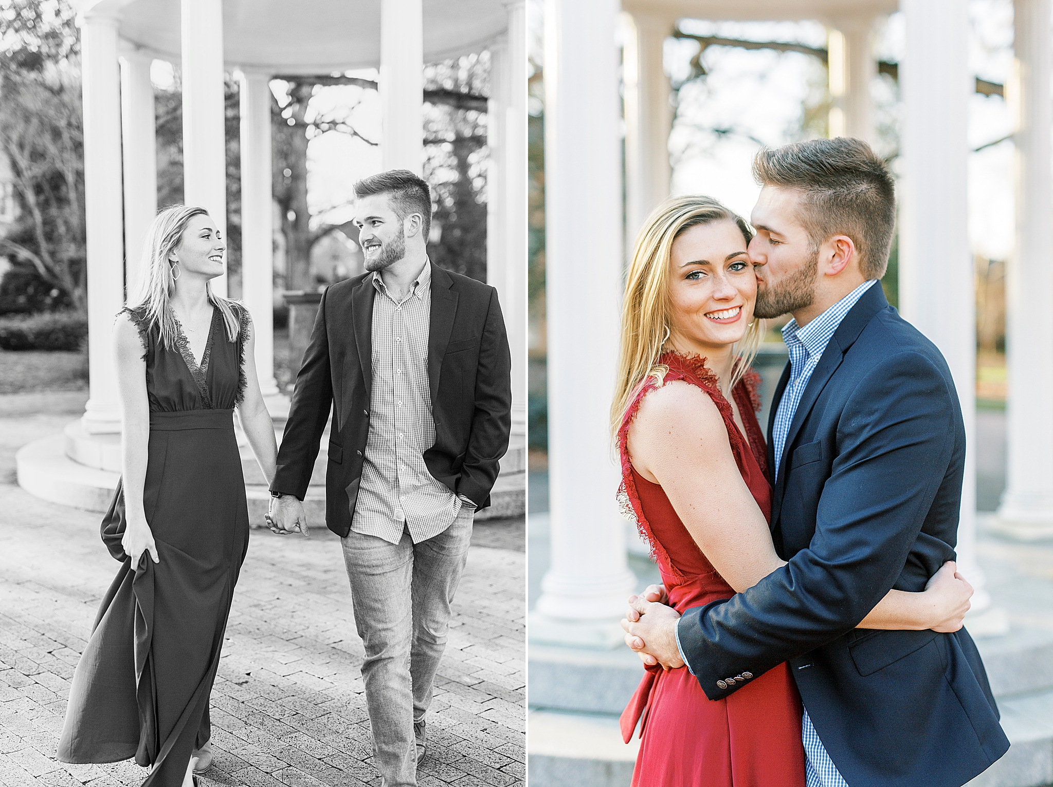 groom kisses bride's forehead during NC engagement photos