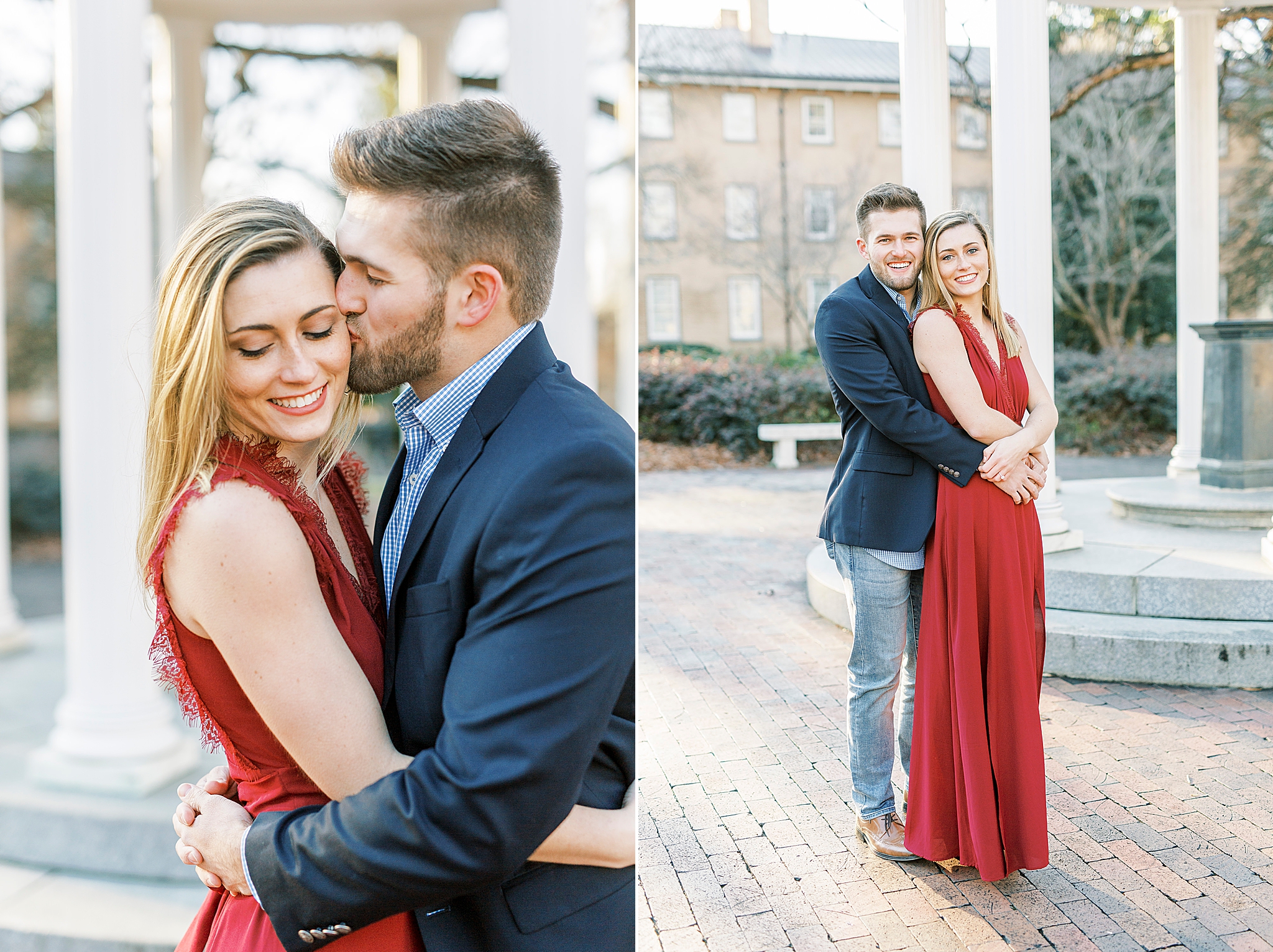 winter engagement portraits by UNC gazebo