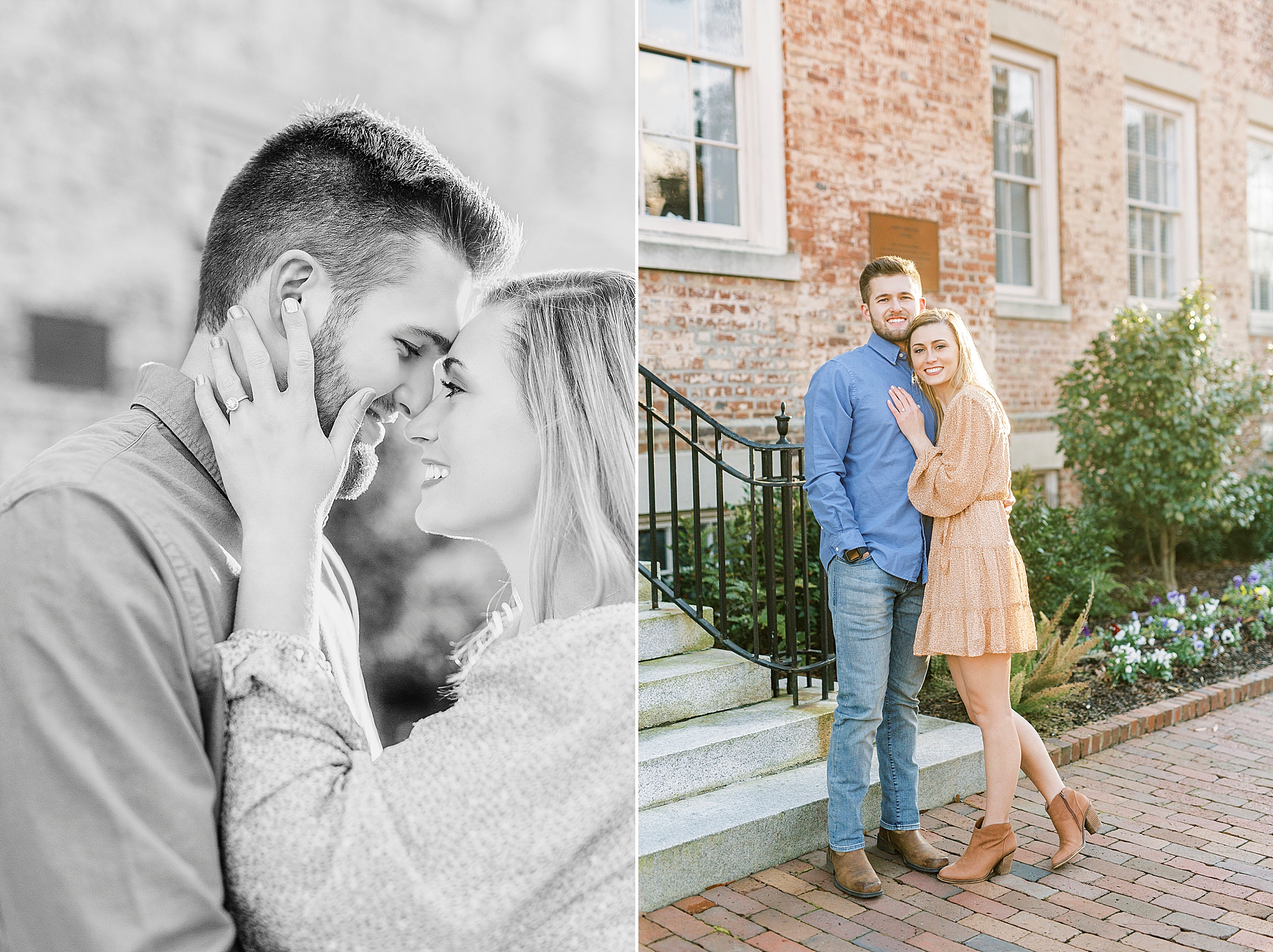 engaged couple poses by steps at UNC Chapel Hill