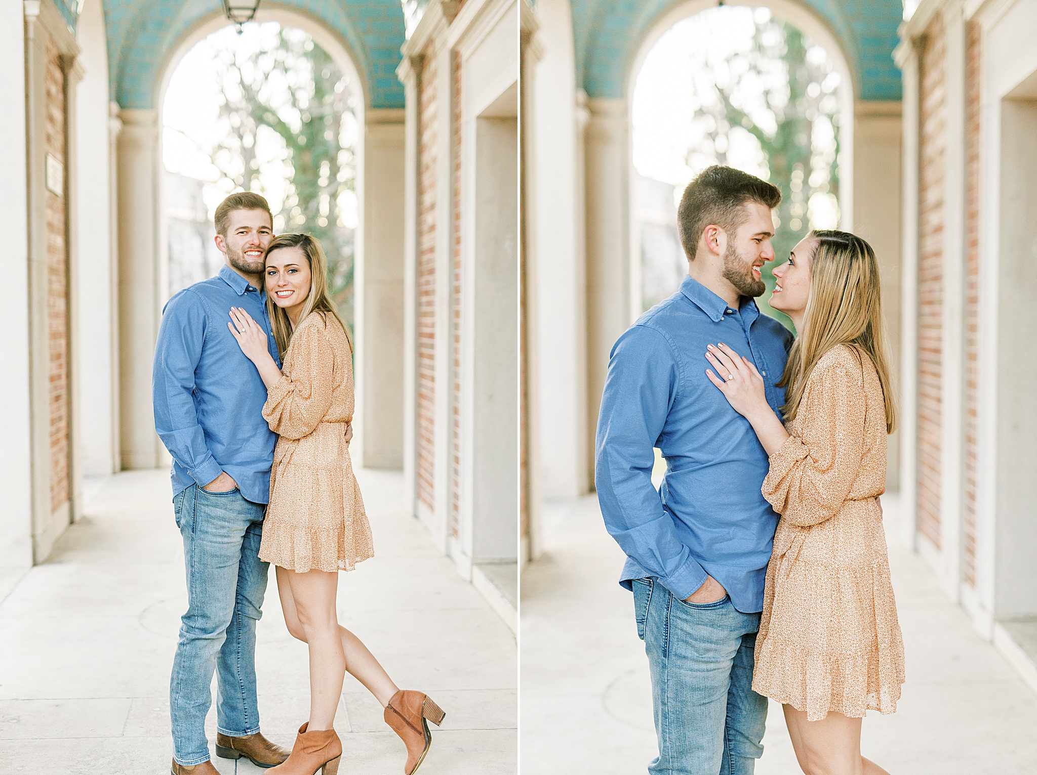 engaged couple poses together in bell tower