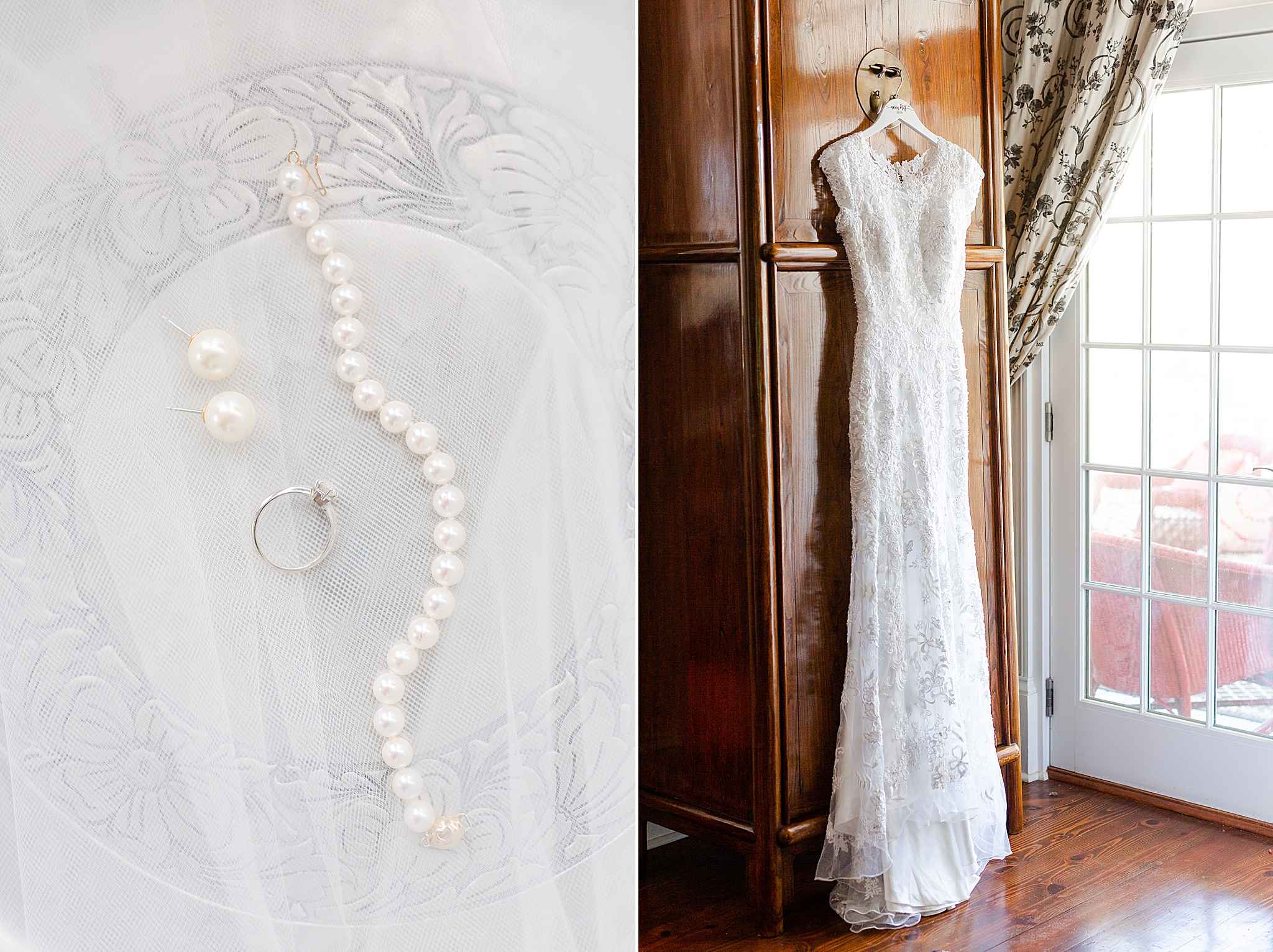 bride's elegant wedding dress hangs in Warrenton NC