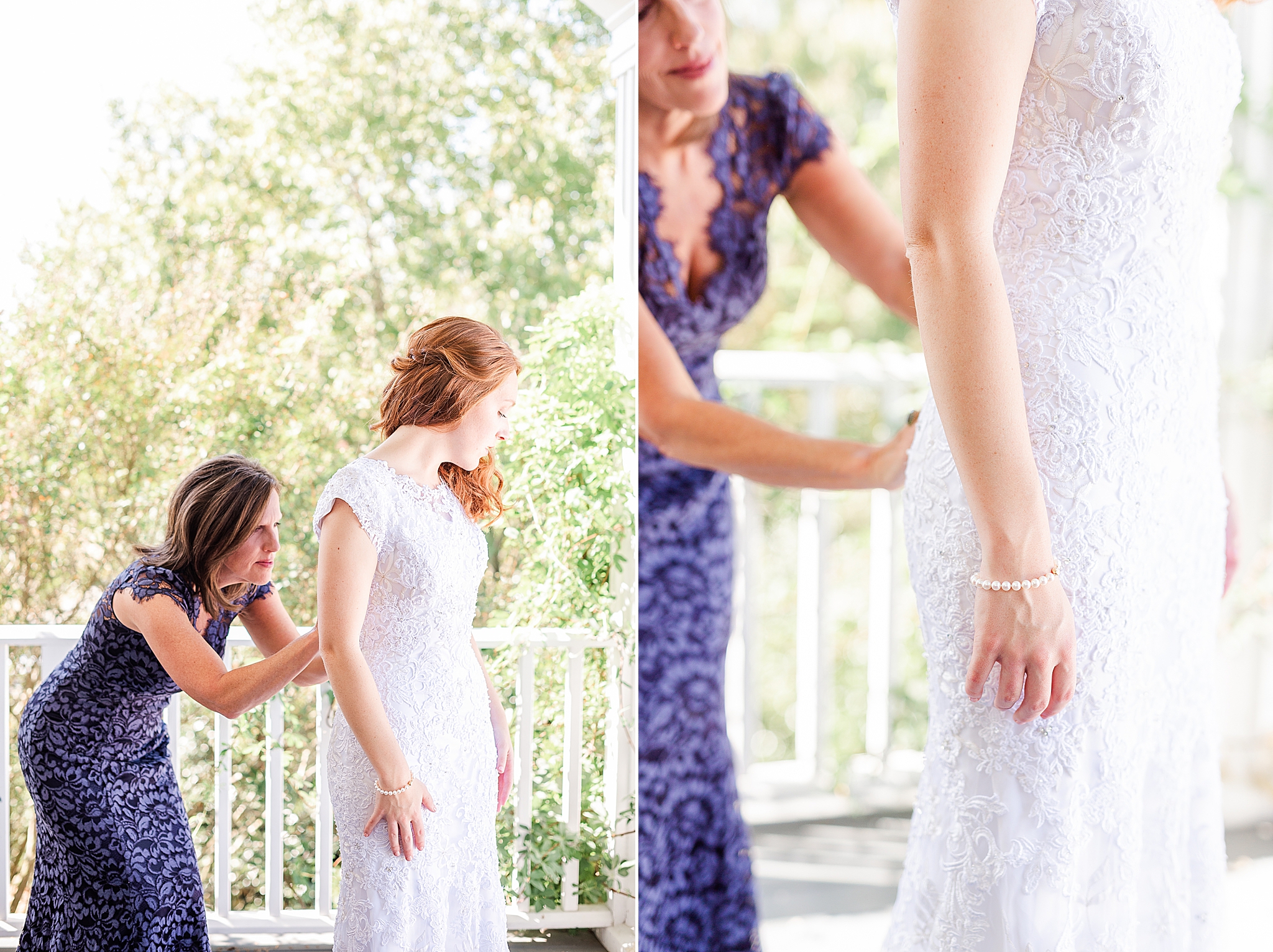 mother of bride helps bride into wedding dress