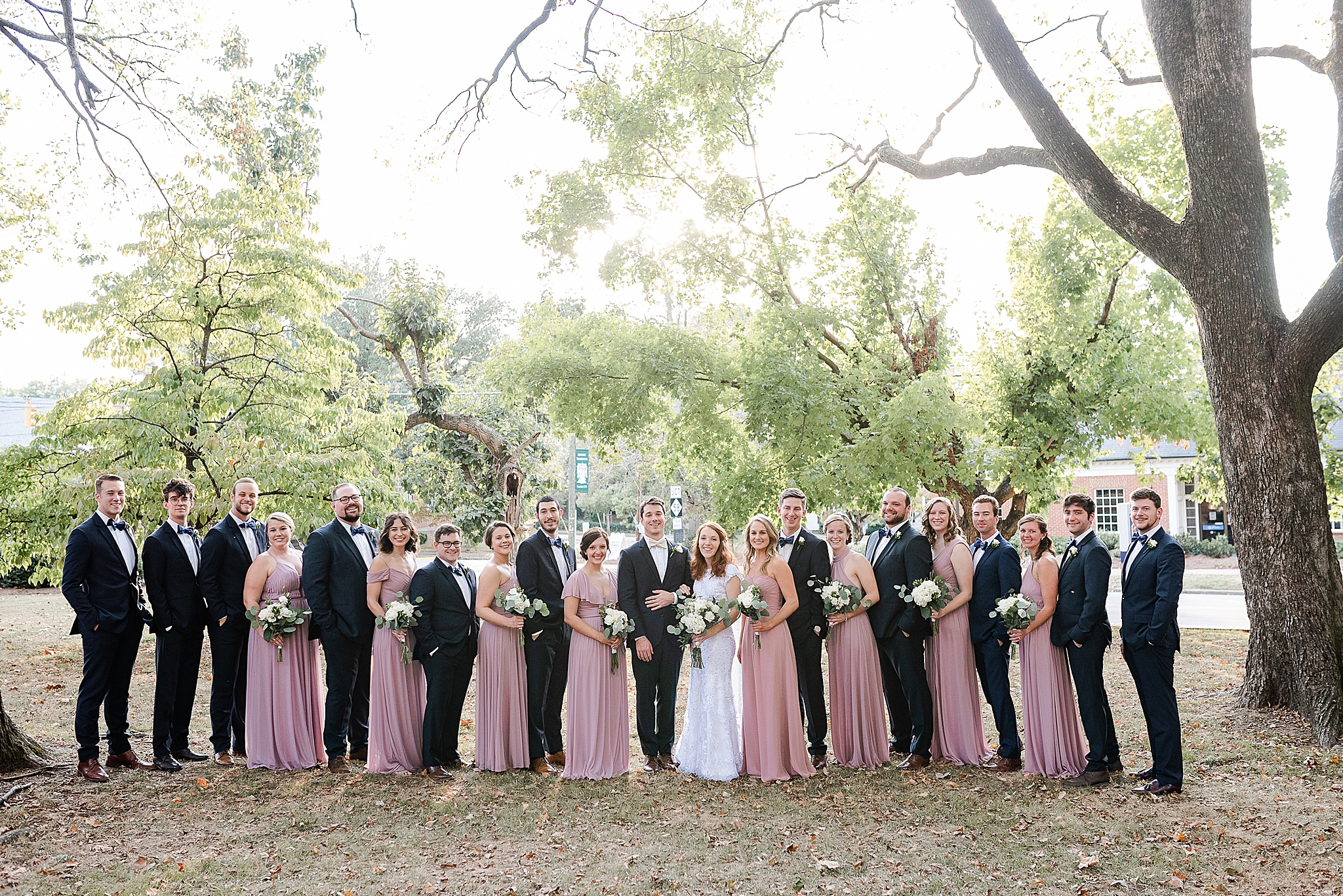 classic Southern wedding party in pink and navy blue