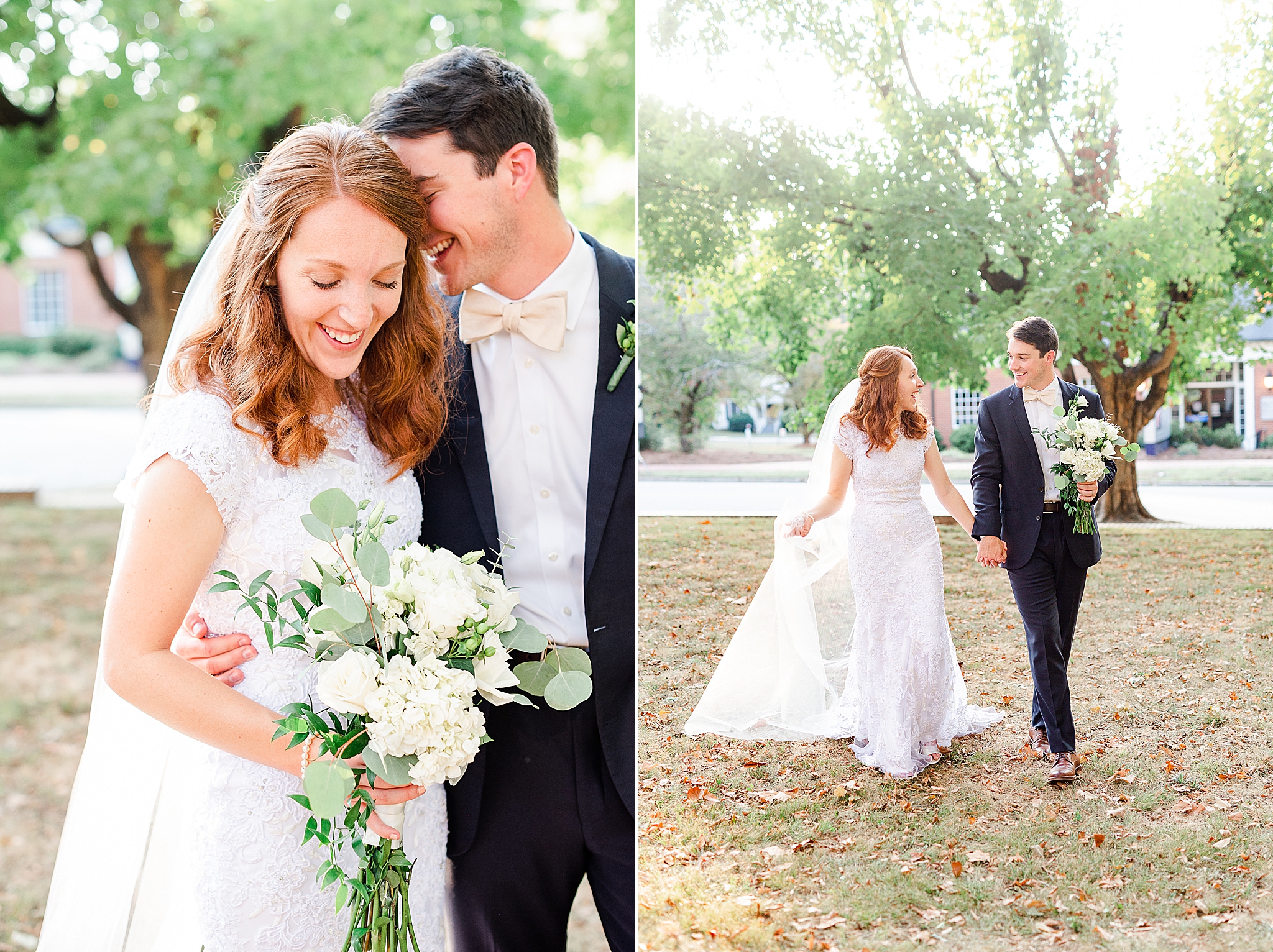 classic Southern wedding portraits of bride and groom walking