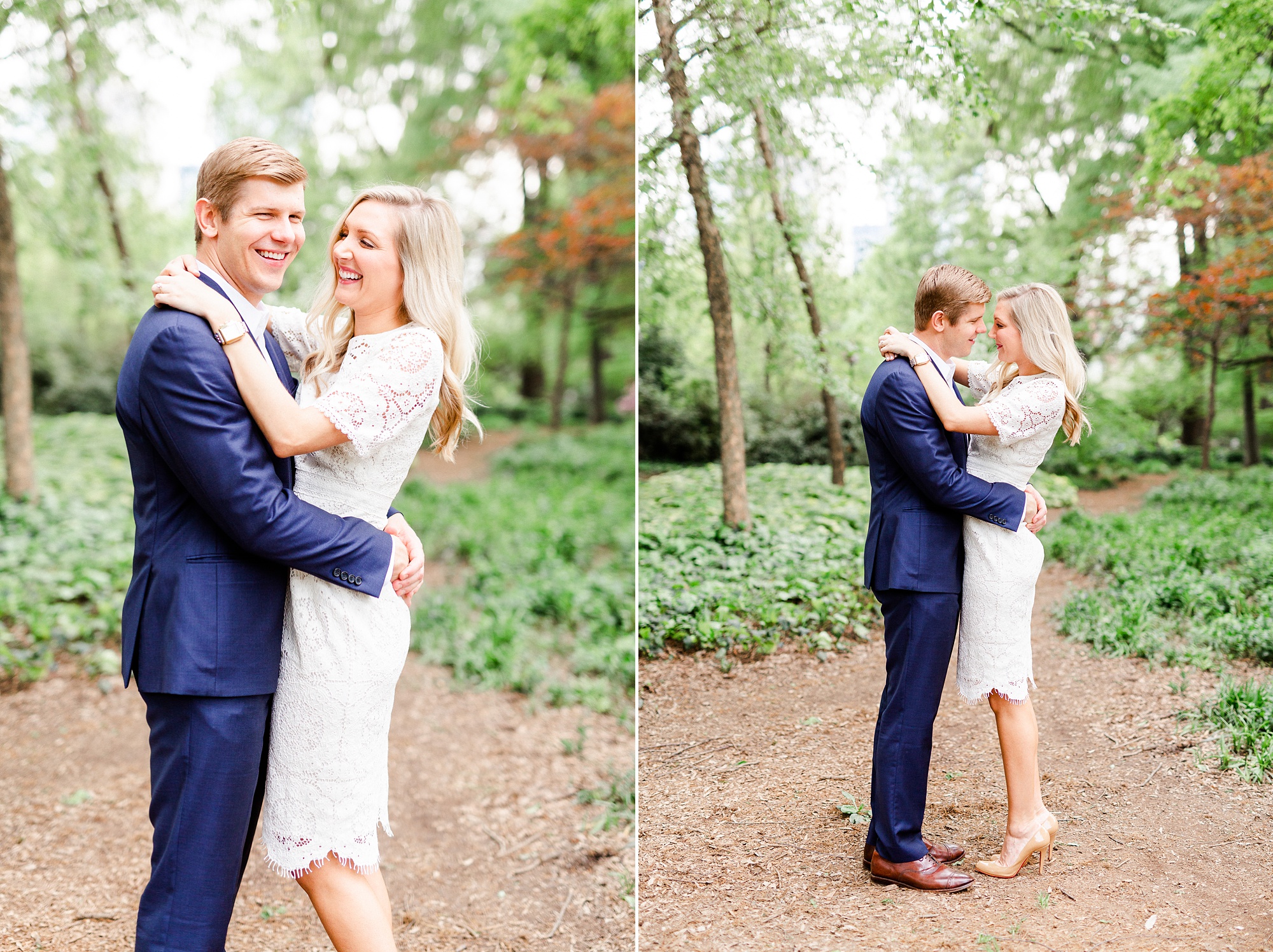 engaged couple poses in Charlotte park during engagement session