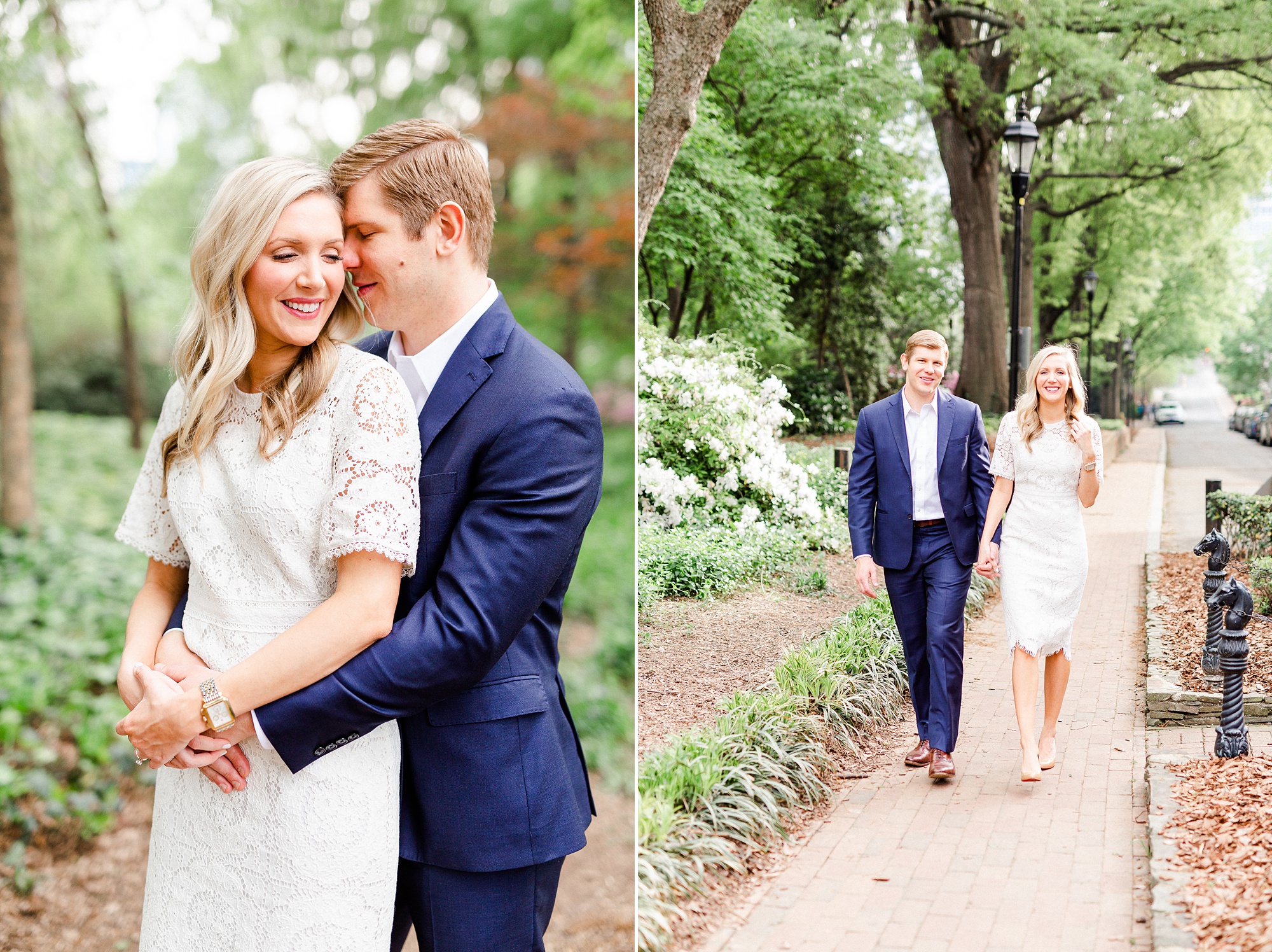 couple walks through Fourth Ward Park during engagement photos