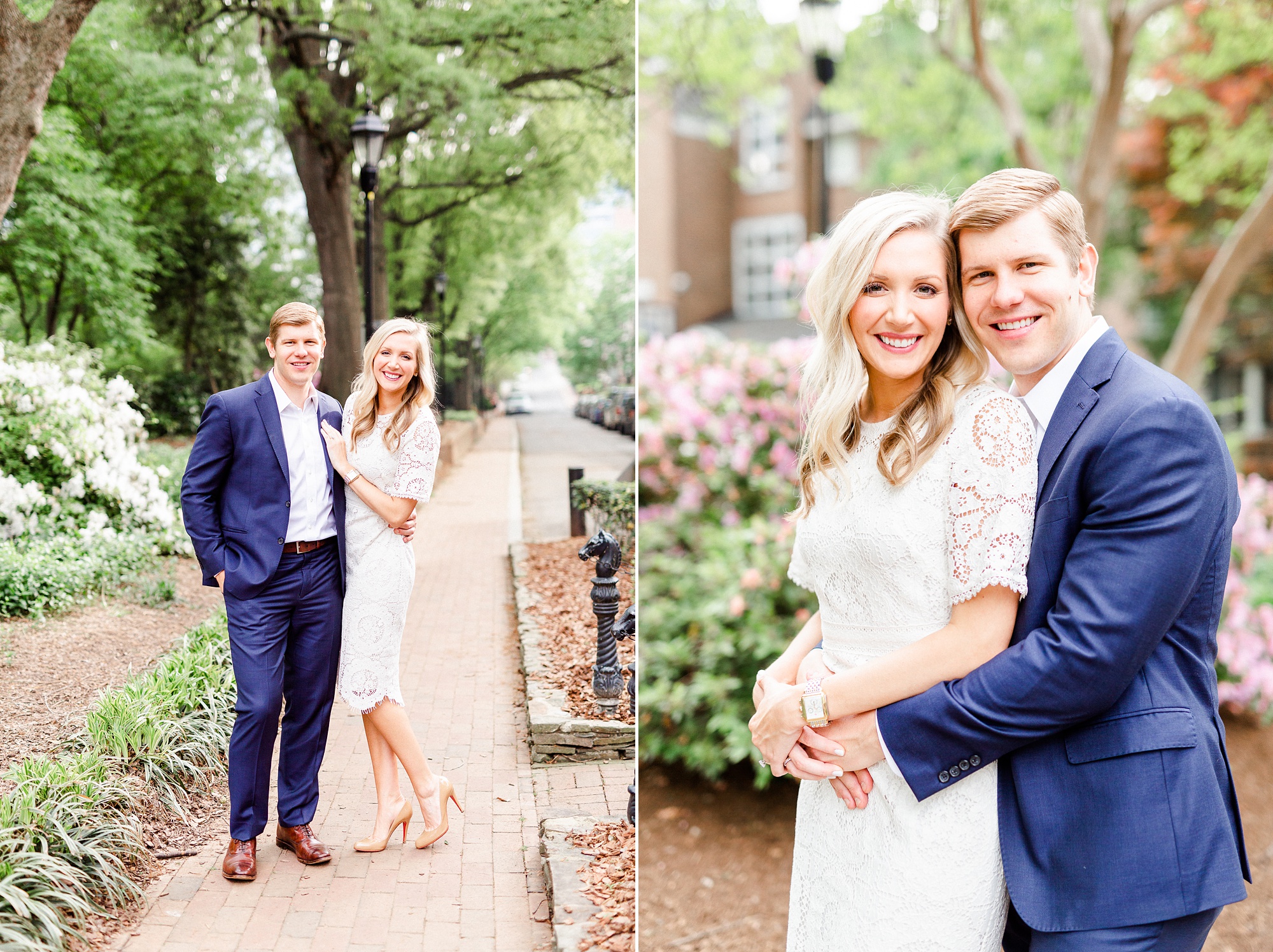 bride and groom hug during engagement photos in Fourth Ward Park