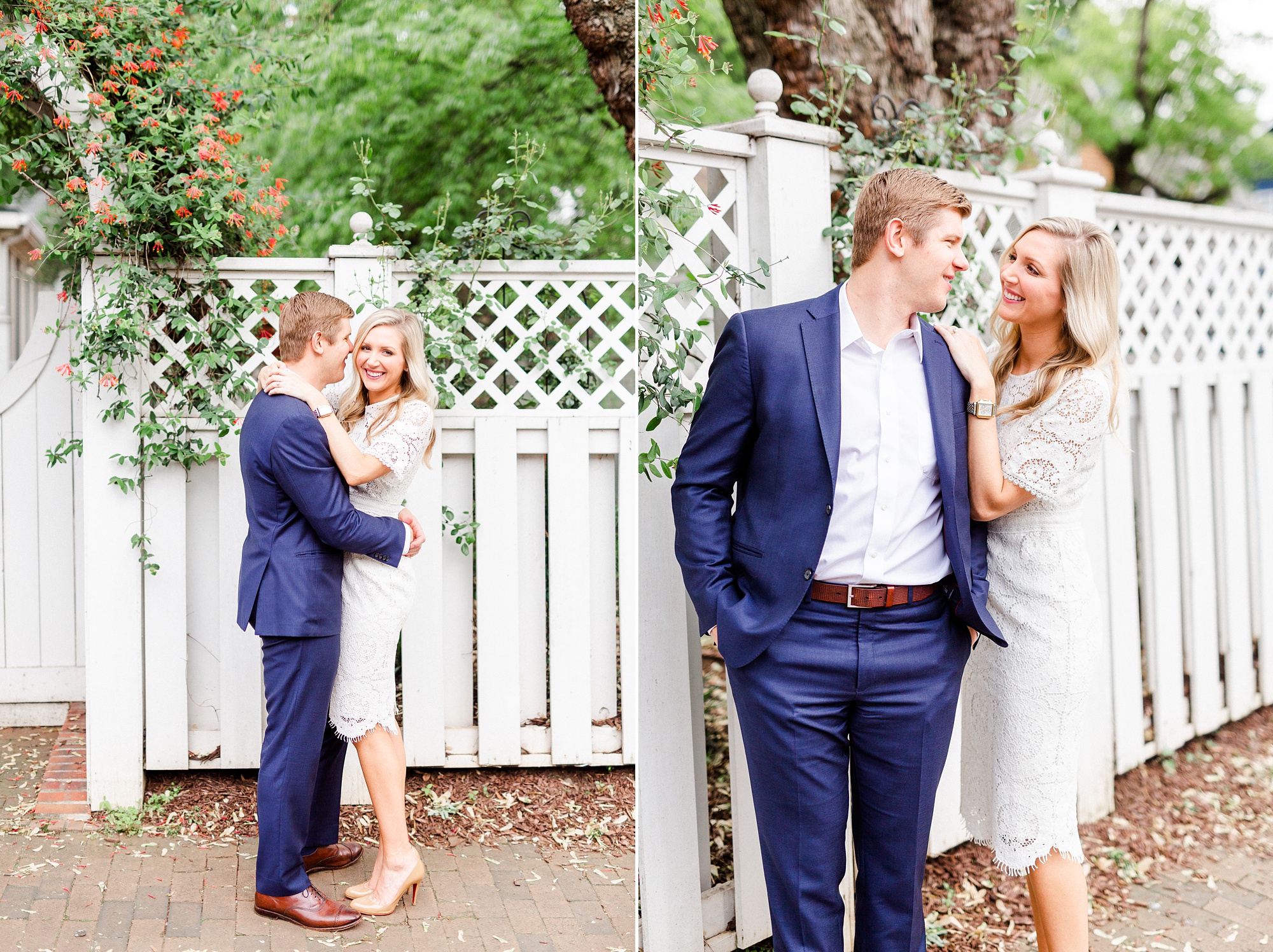 stylish Charlotte engagement photos along white fence