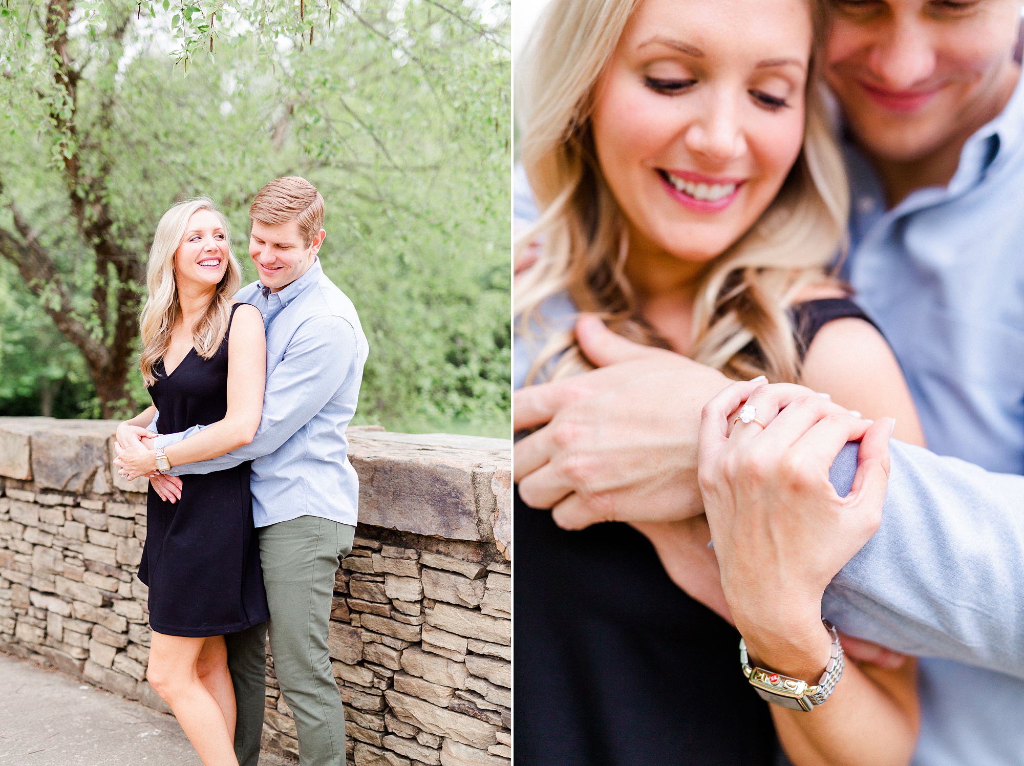groom hugs bride from behind while standing on bridge in Freedom Park