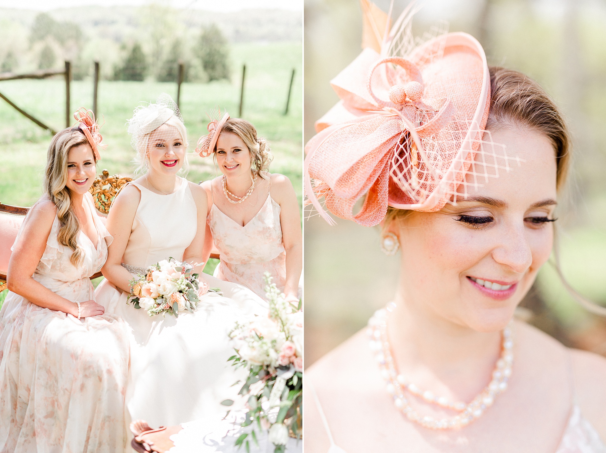 bride and bridesmaids pose with fascinators
