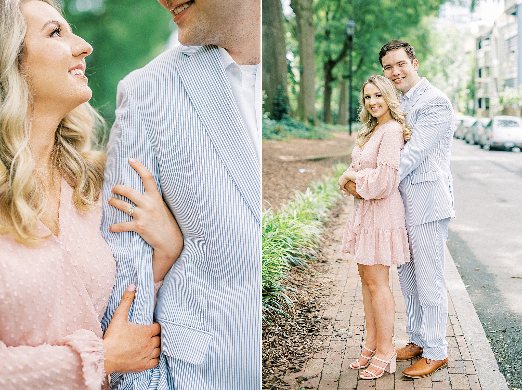 engaged couple poses on sidewalk in uptown Charlotte