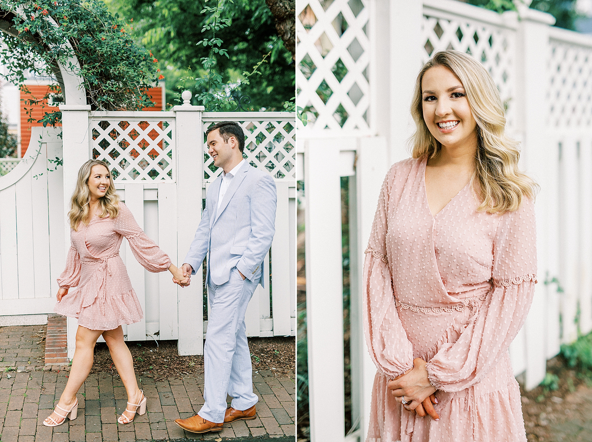 couple walks by white fence in uptown Charlotte