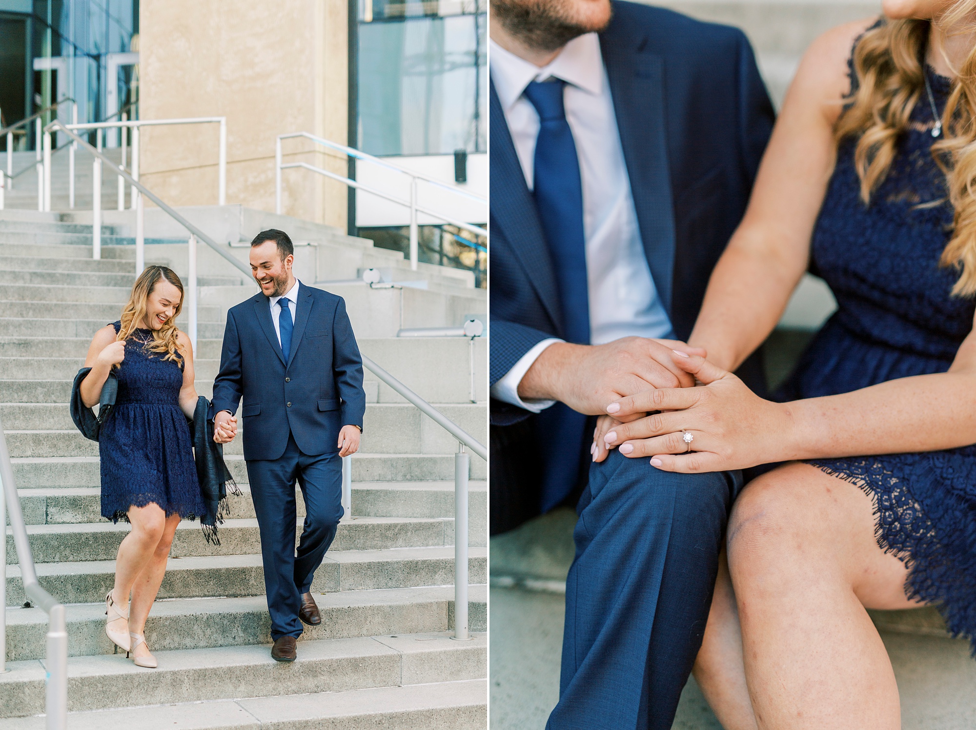 engaged couple sits on steps of Mint Museum