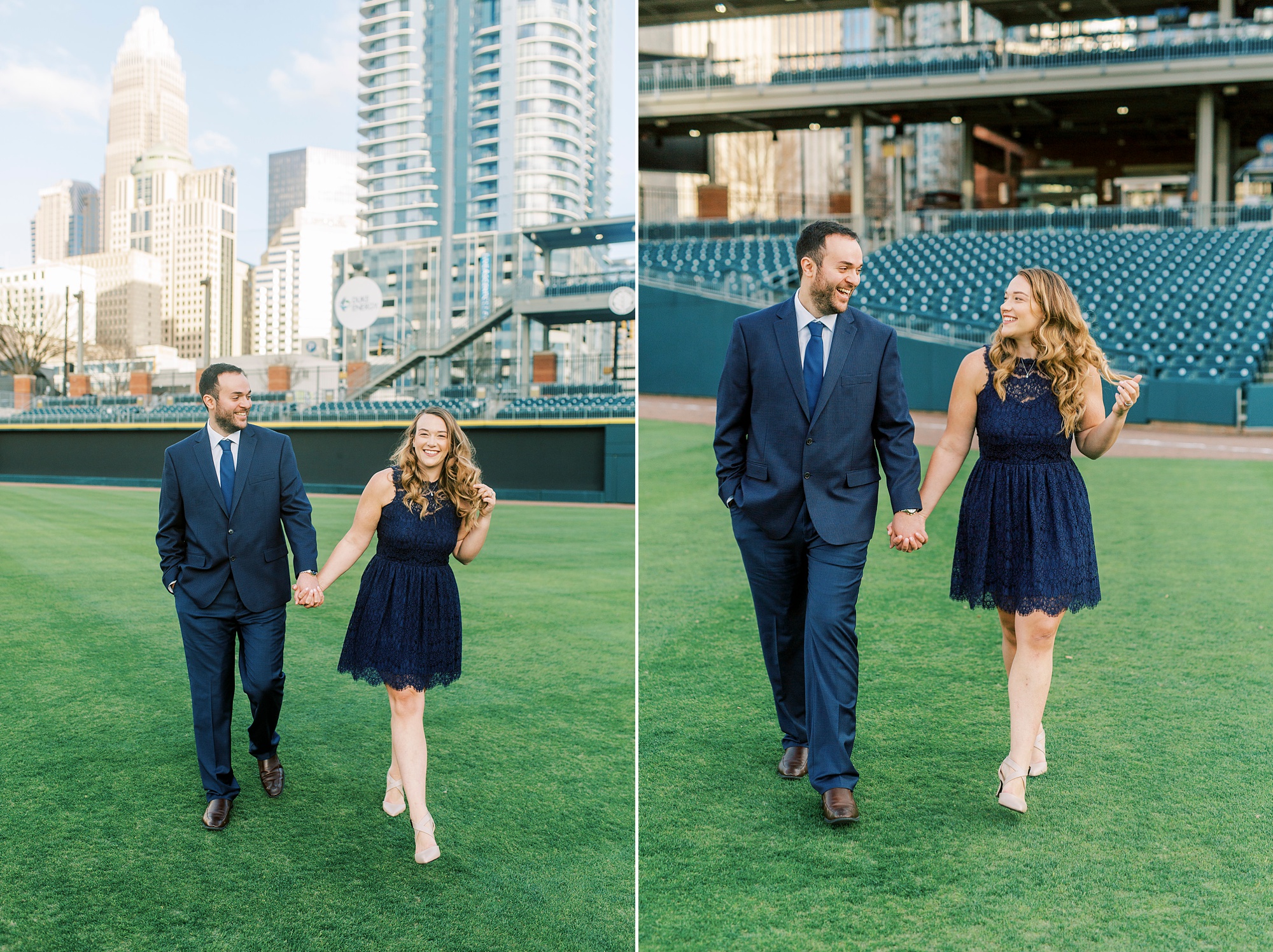 springtime engagement portraits on infield at Truist Field