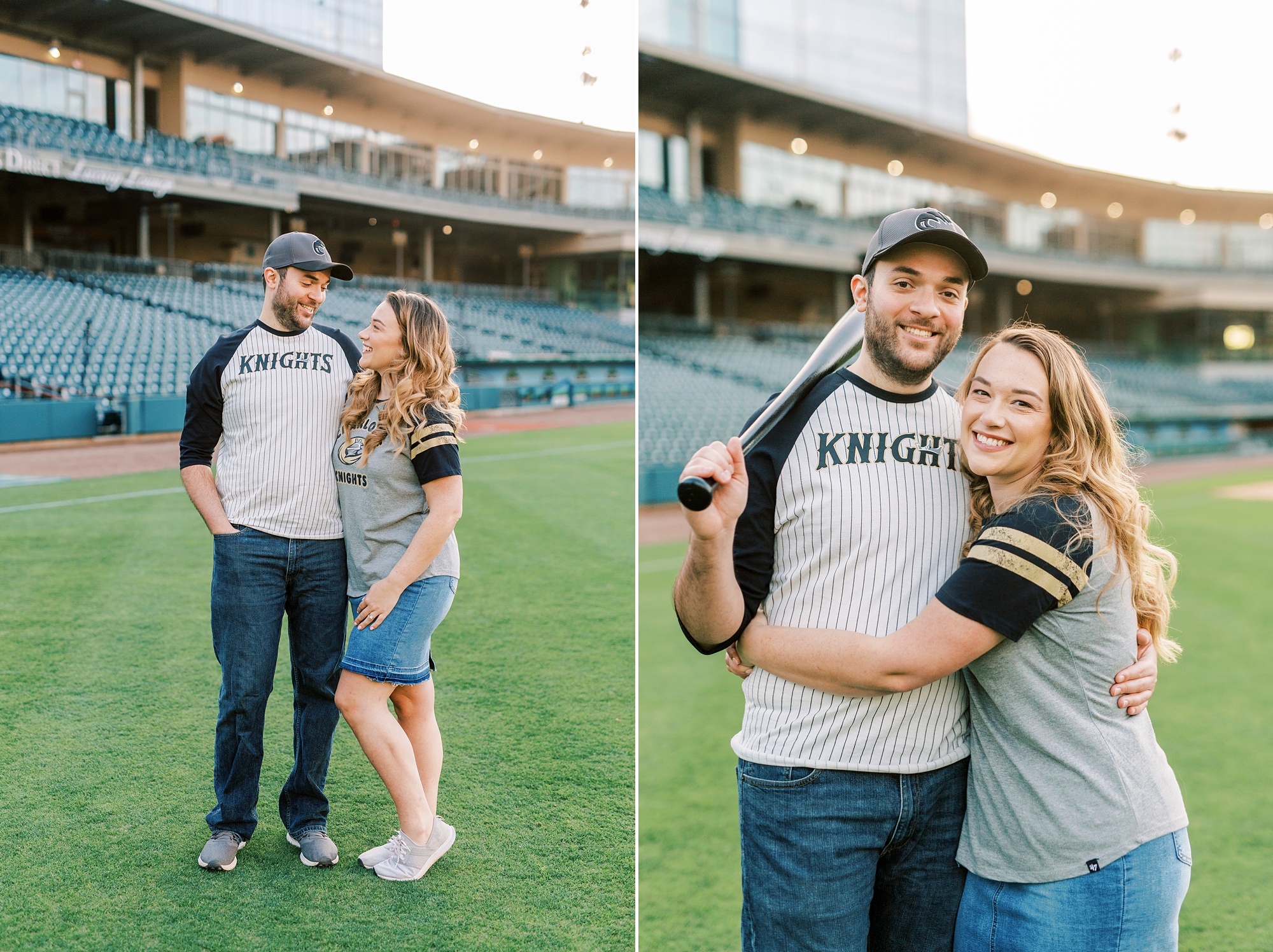 bride and groom hug on infield at Truist Field