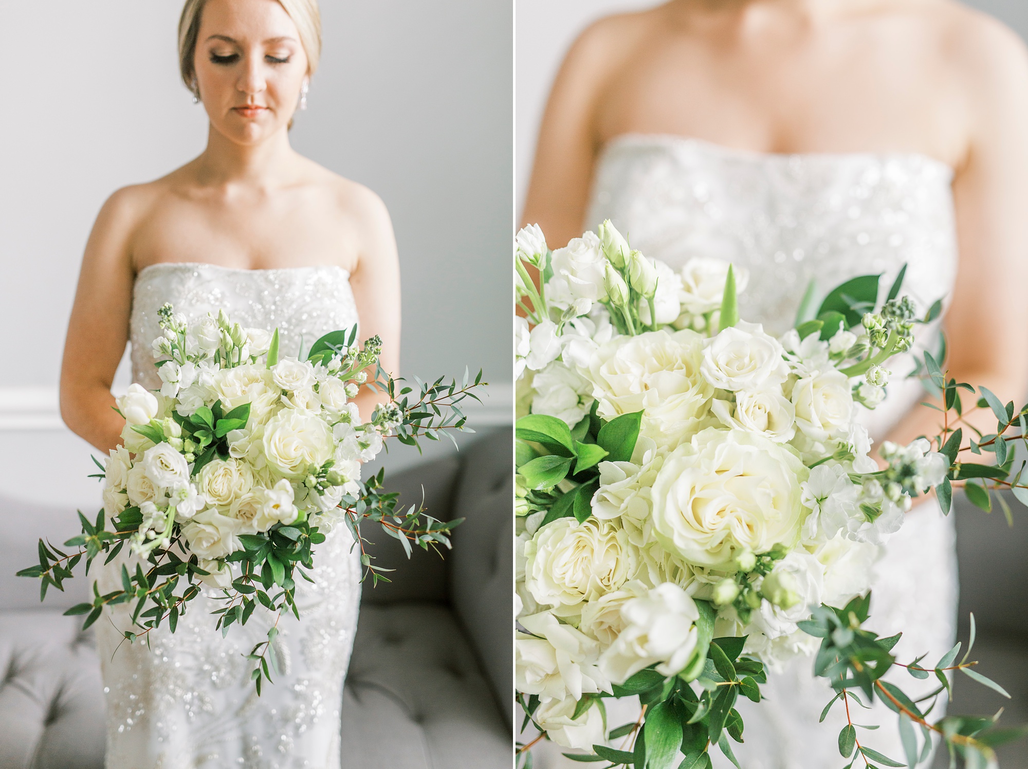 bride holds bouquet of white flowers