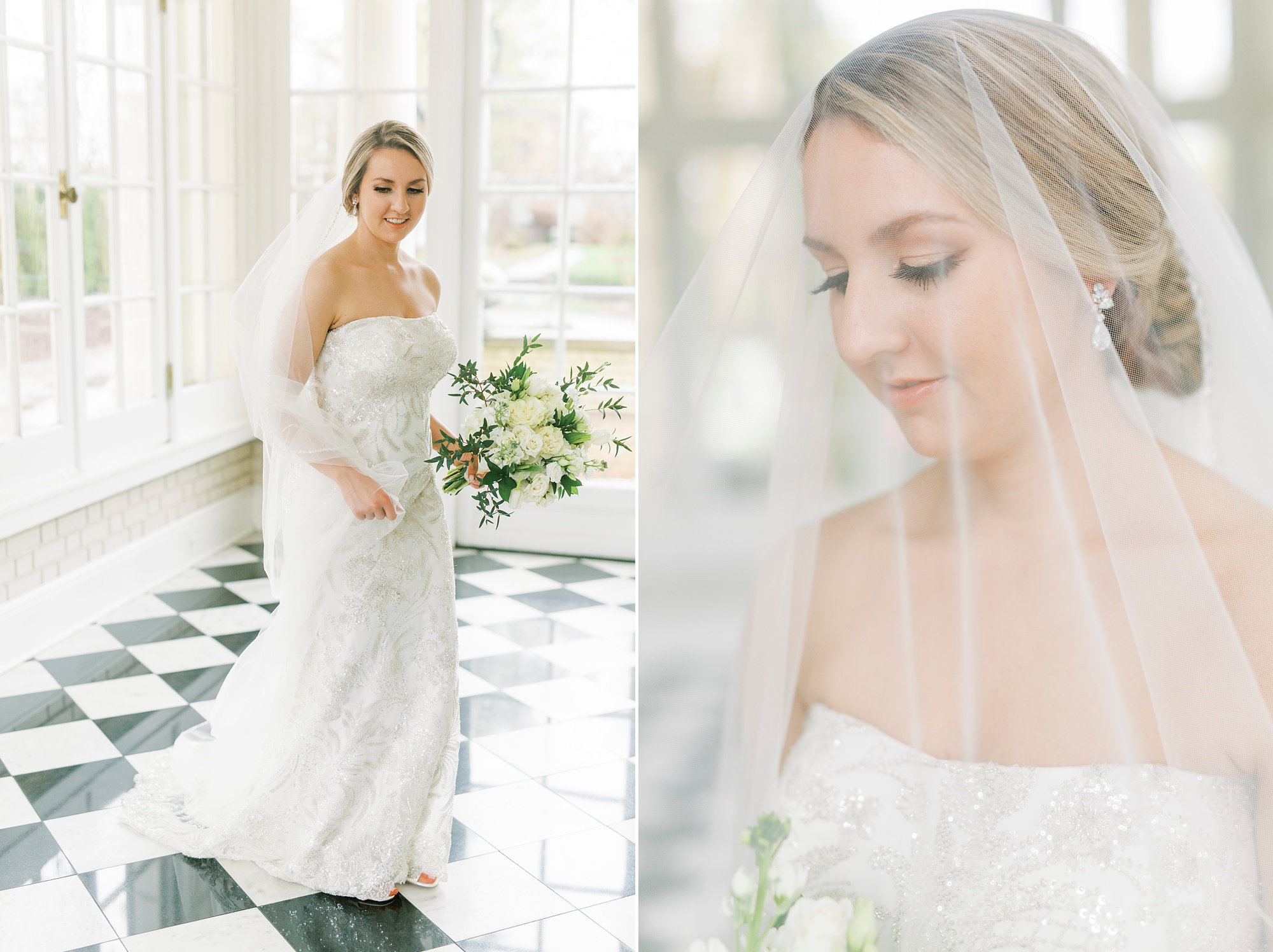 classic cathedral veil bridal portraits in Separk Mansion