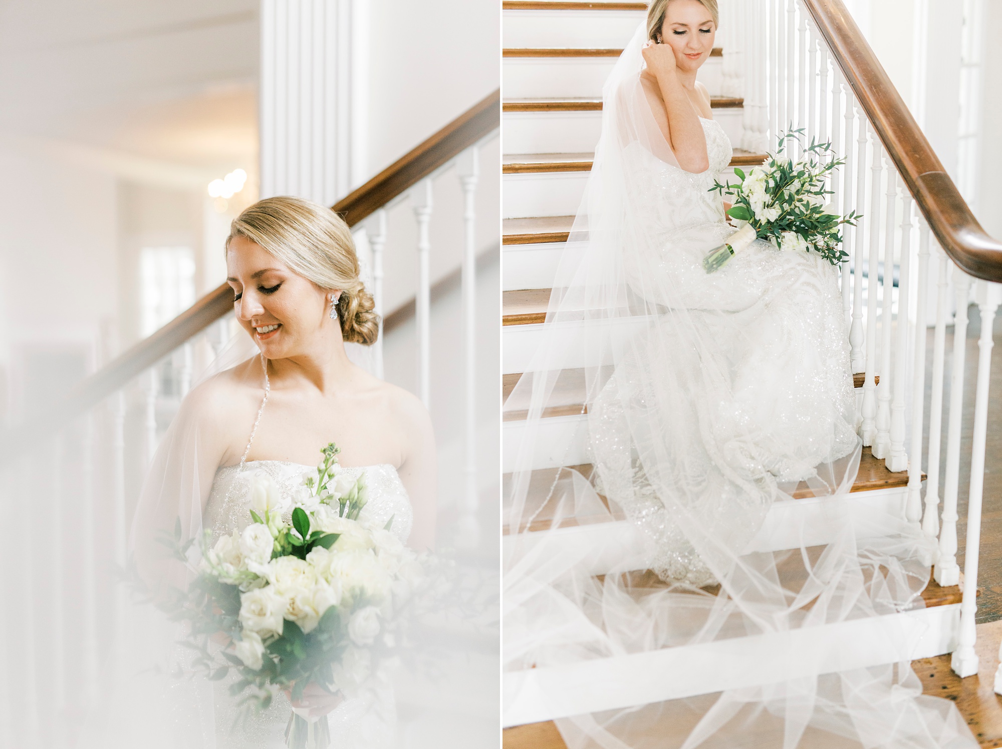 bride stands on staircase in Separk Mansion