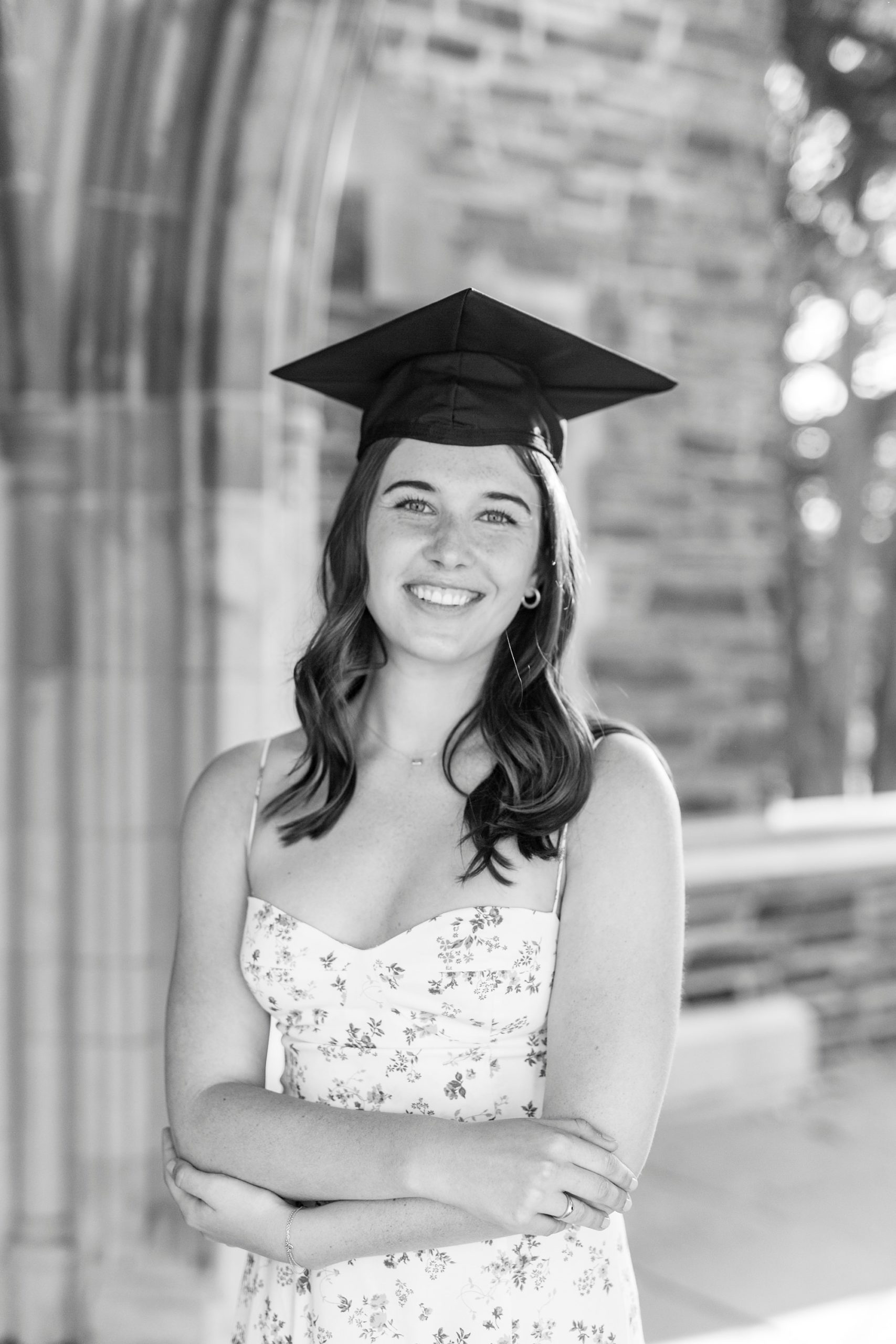 black and white Duke University graduation portrait for senior