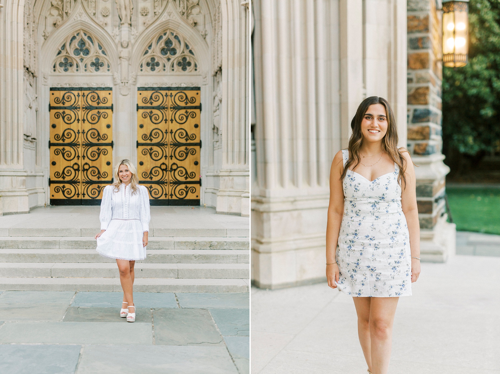 college seniors walk by Duke Chapel during Duke University graduation portraits