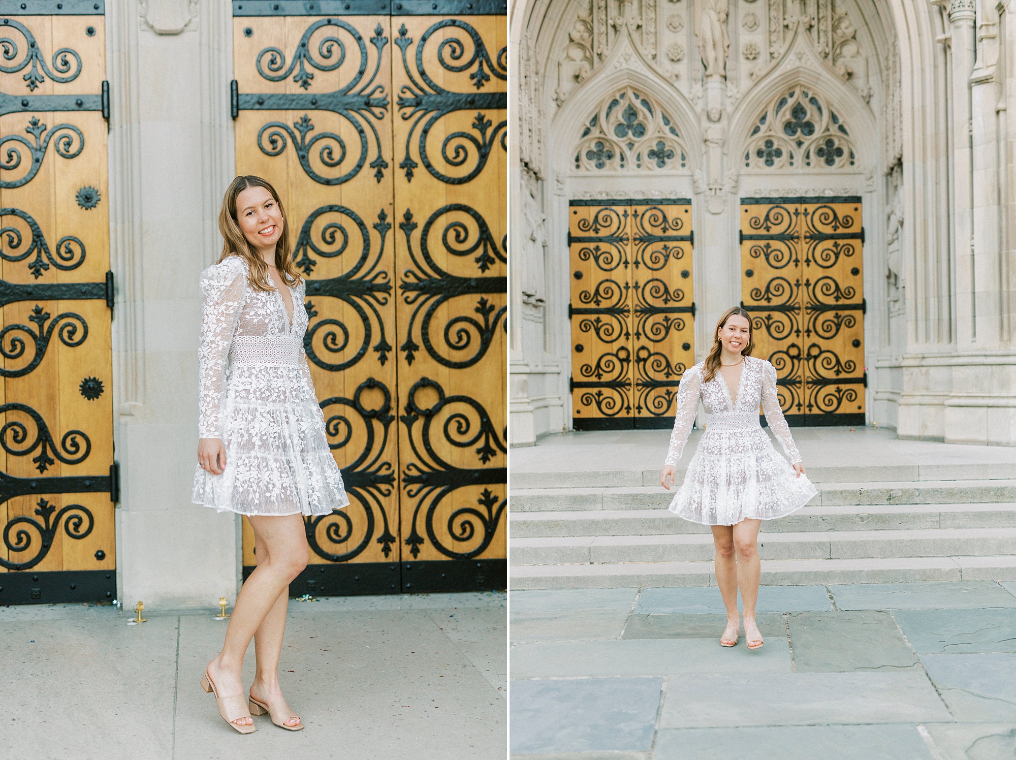 senior twirls dress outside Duke Chapel