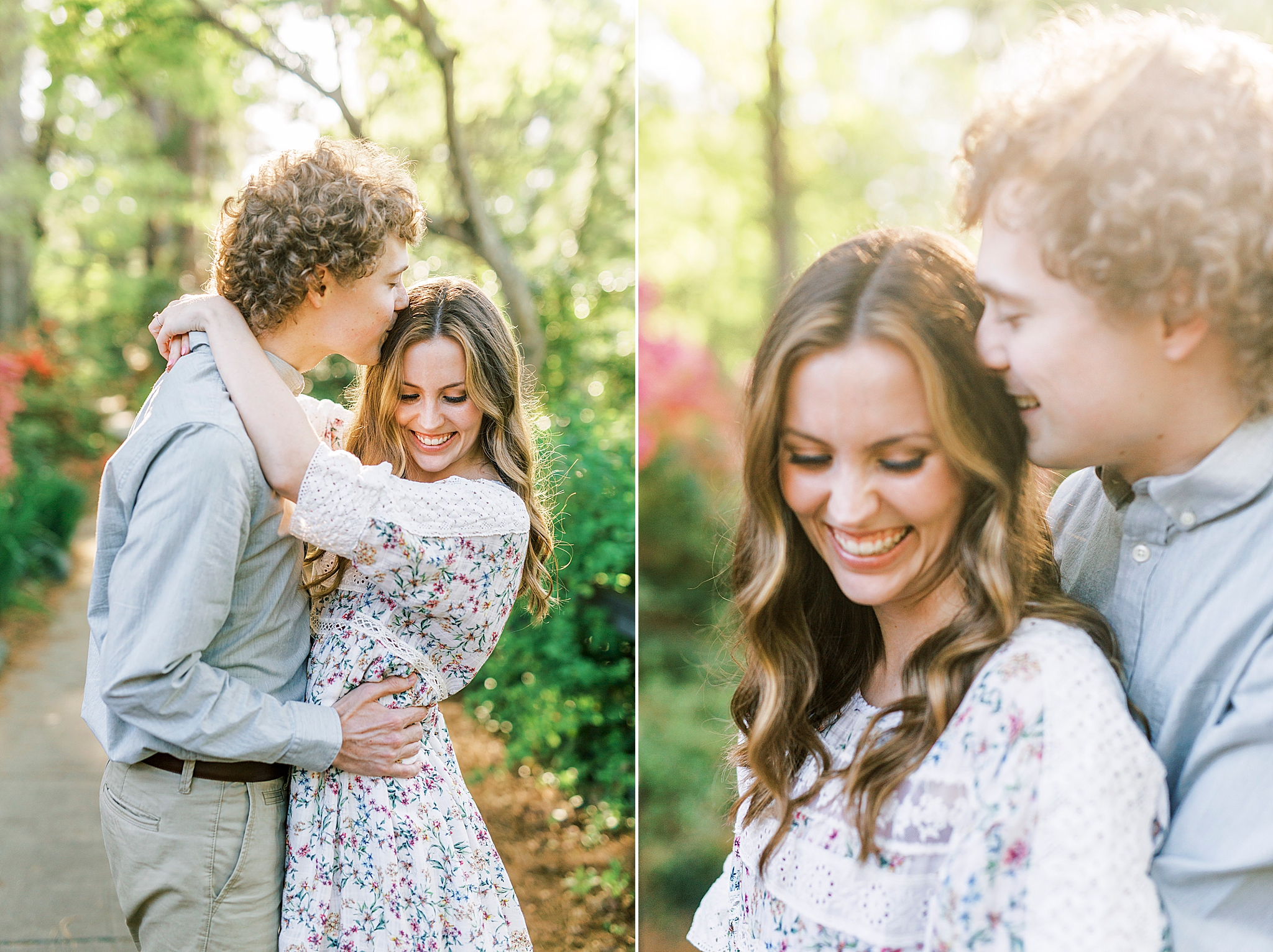 couple hugs at sunset during Glencairn Gardens engagement photos