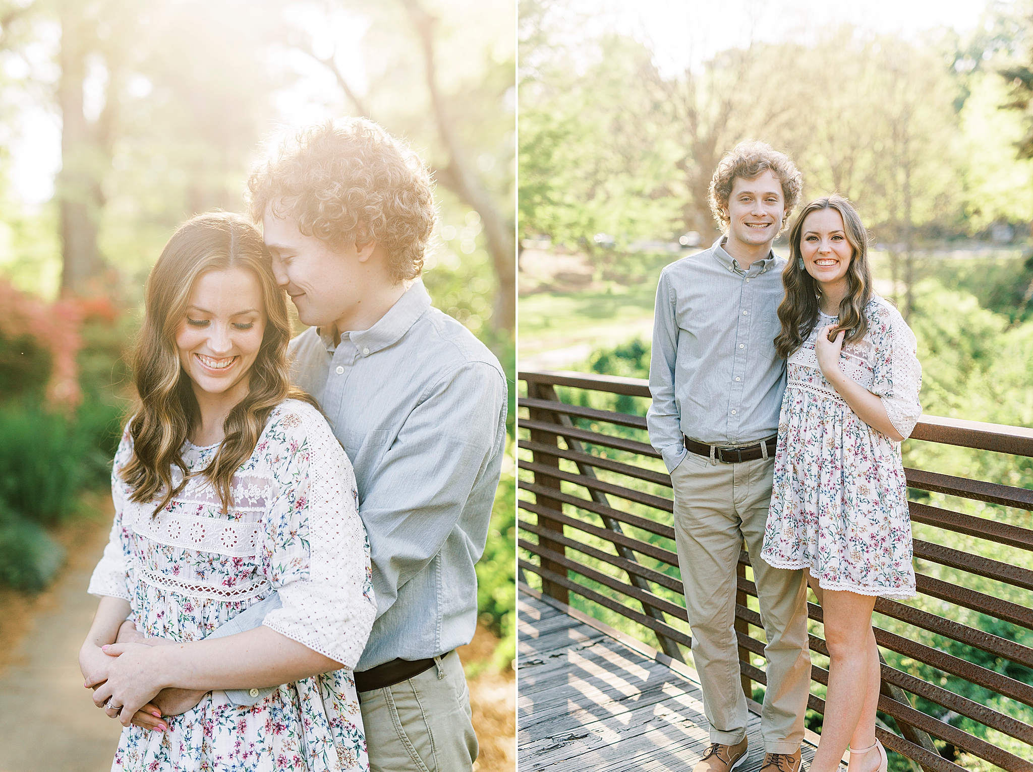 springtime engagement portraits in Glencairn Gardens on bridge