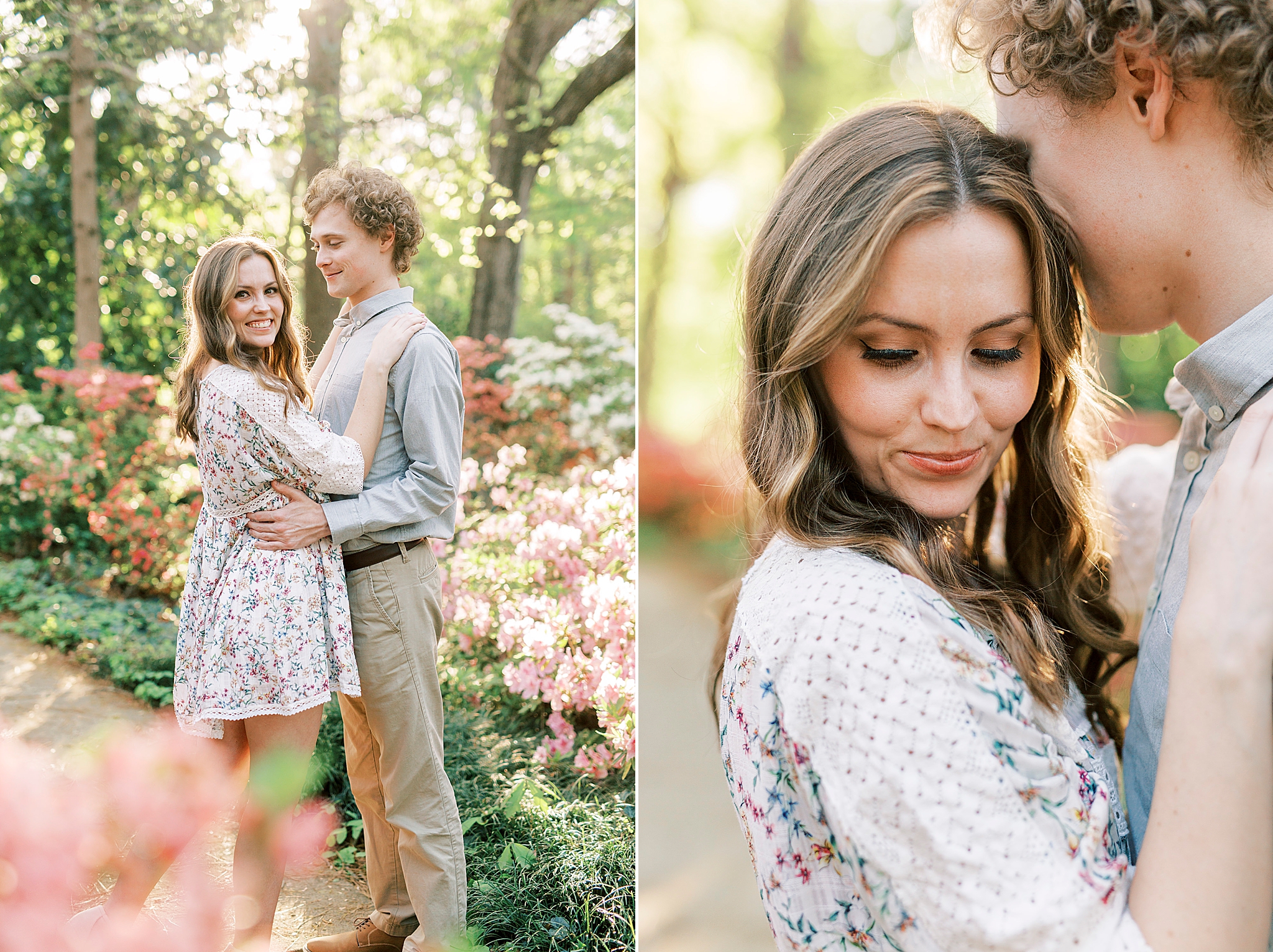 groom kisses bride's forehead during Glencairn Gardens engagement session