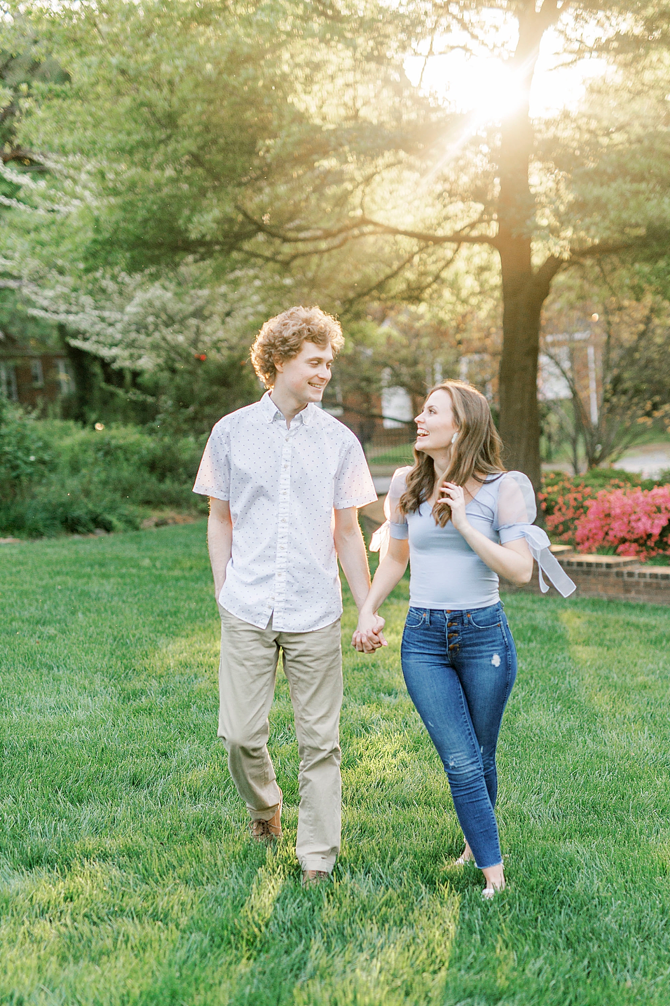 bride and groom walk through lawn in Rock Hill SC