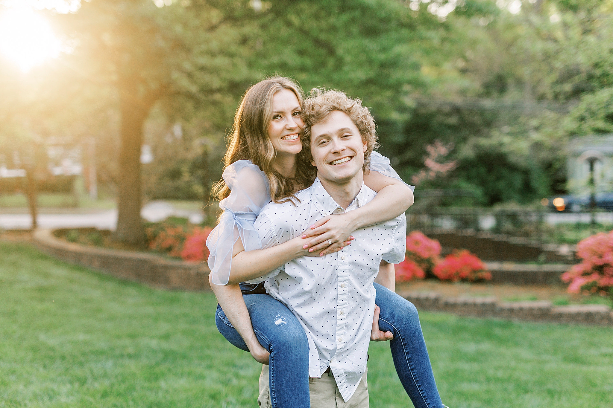 bride takes piggy back in Glencairn Gardens