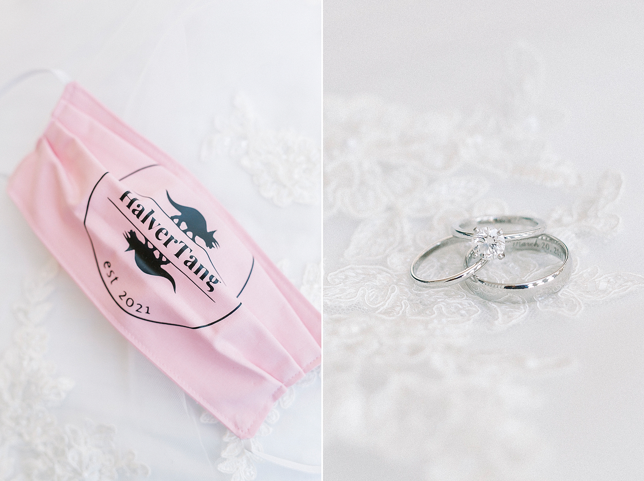 bride's mask and rings lay on veil during NC wedding prep
