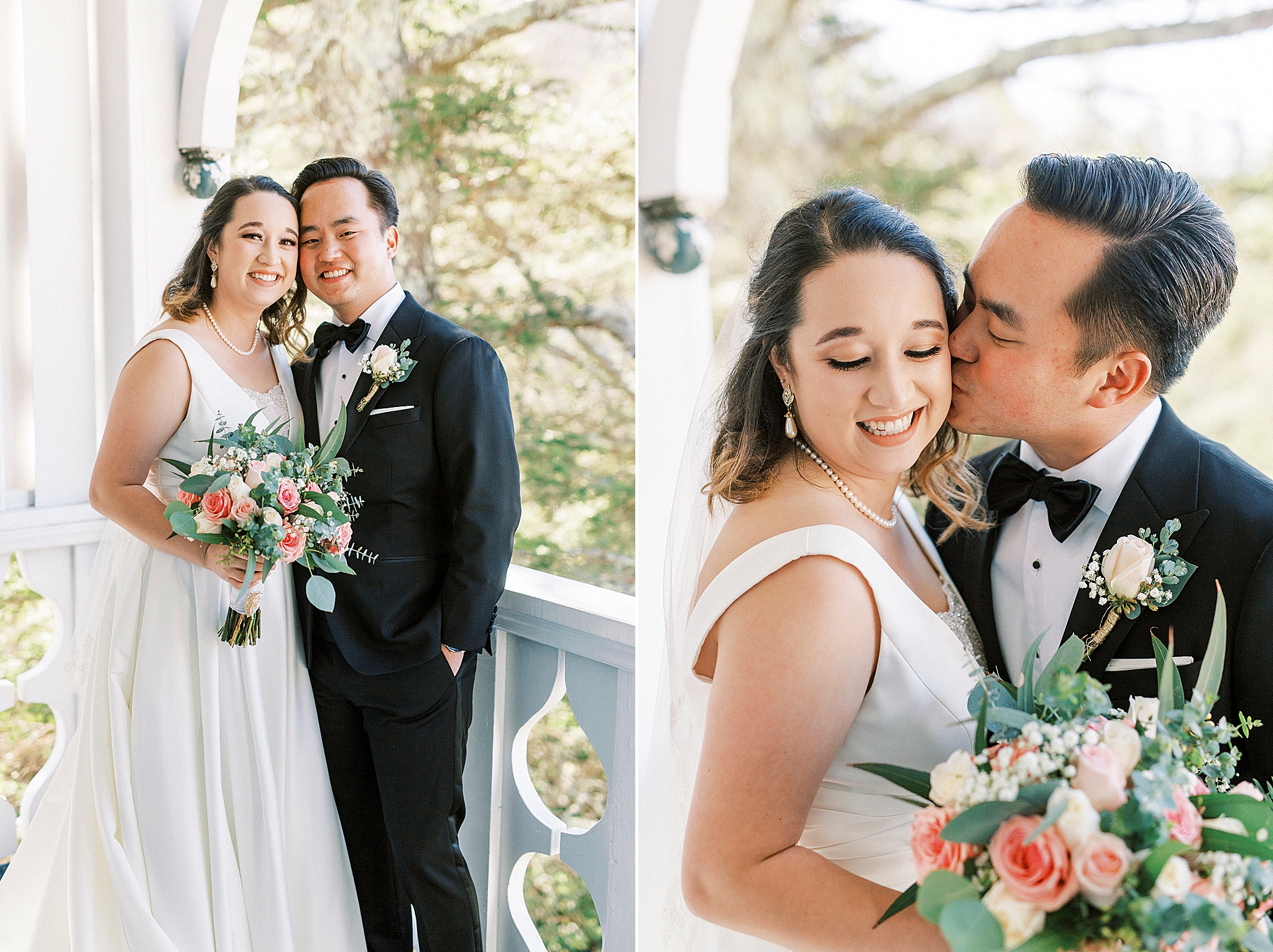 groom kisses bride's forehead during first look