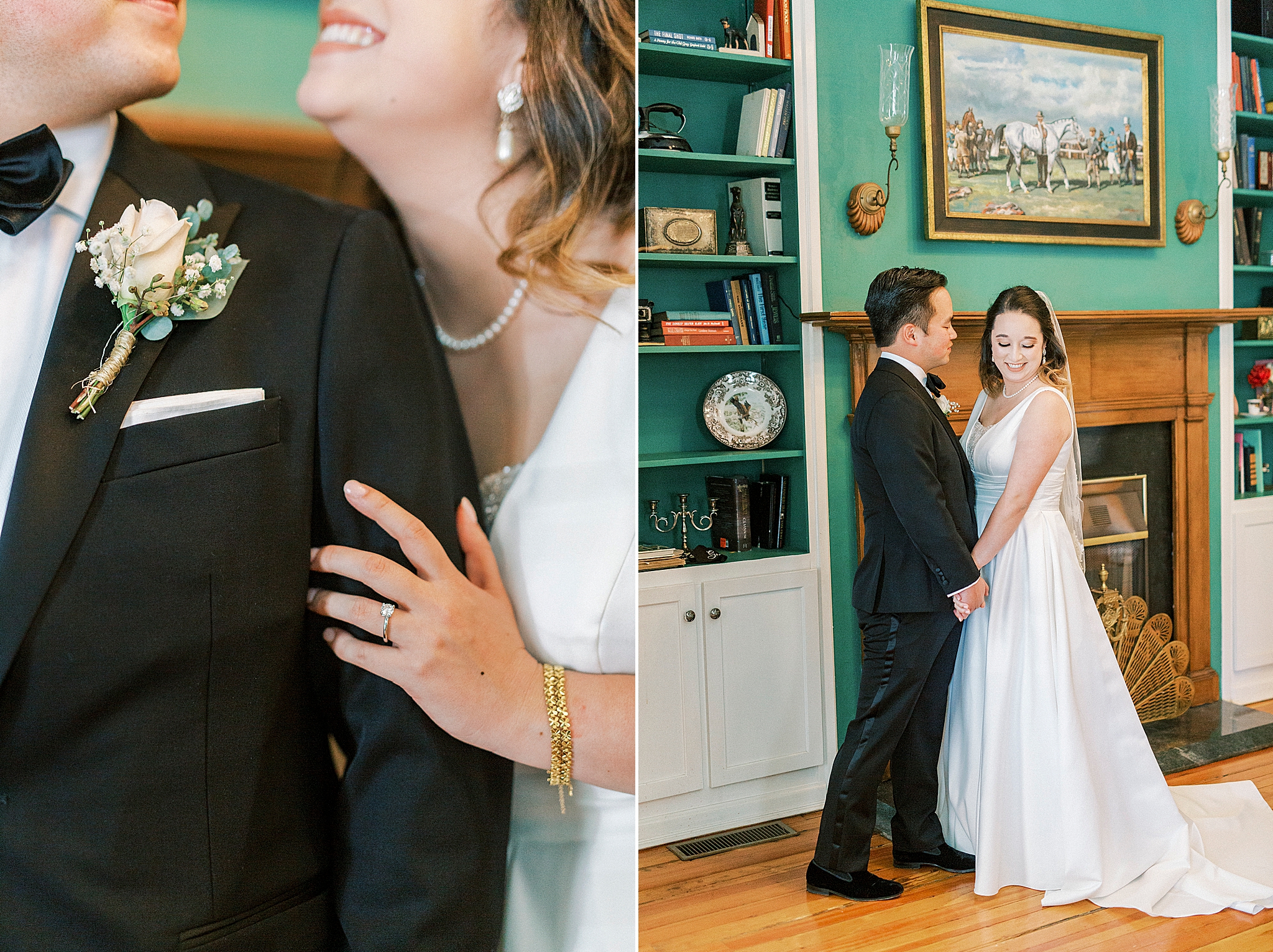 bride and groom pose in library at Green Park Inn
