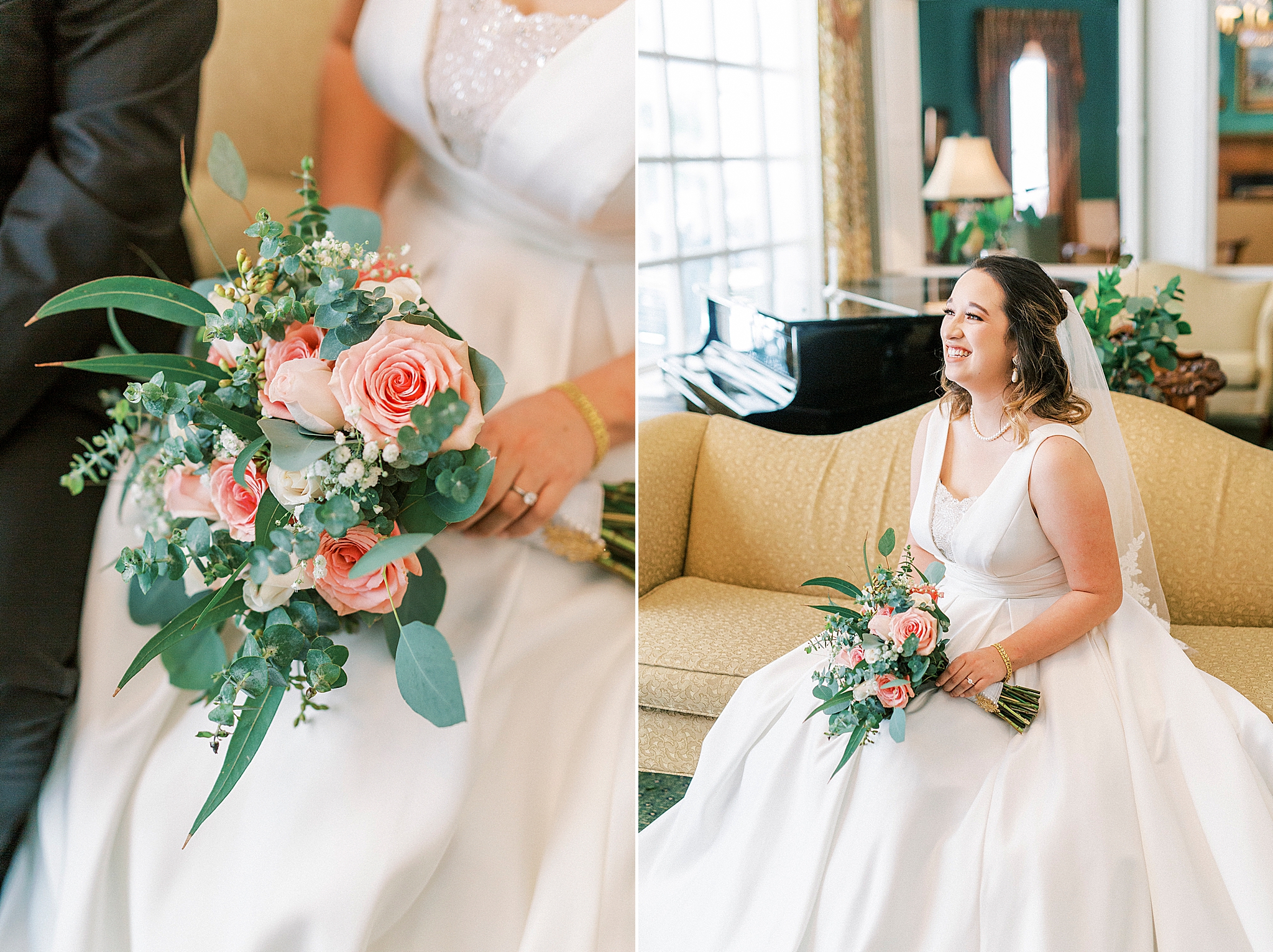 bride sits on couch with bouquet of pastel pink roses
