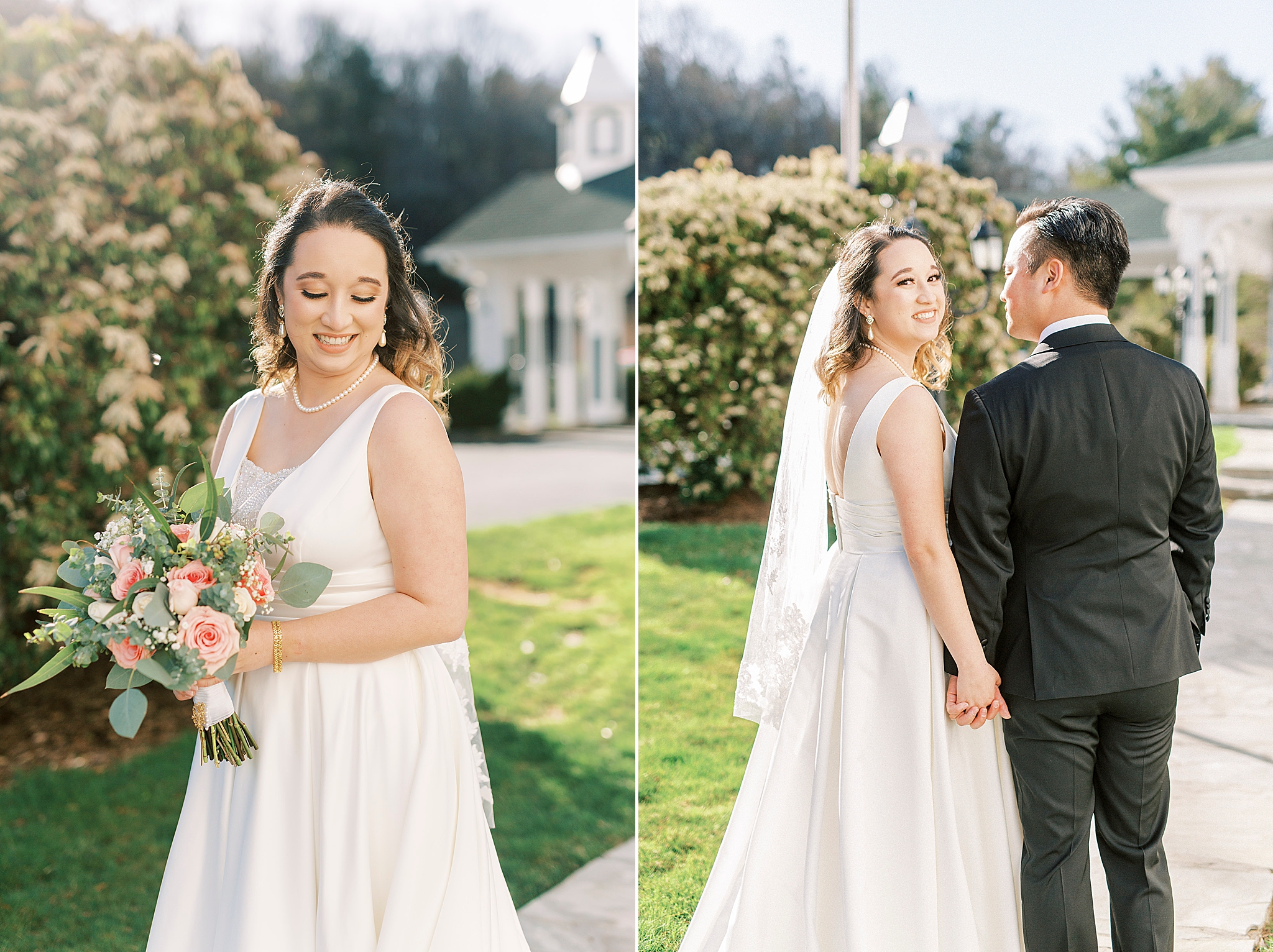 bride holds bouquet of pink flowers while walking with groom
