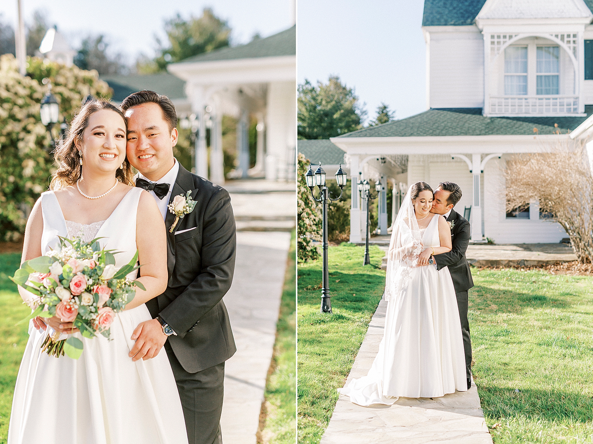 newlyweds pose outside Green Park Inn in Blowing Rock