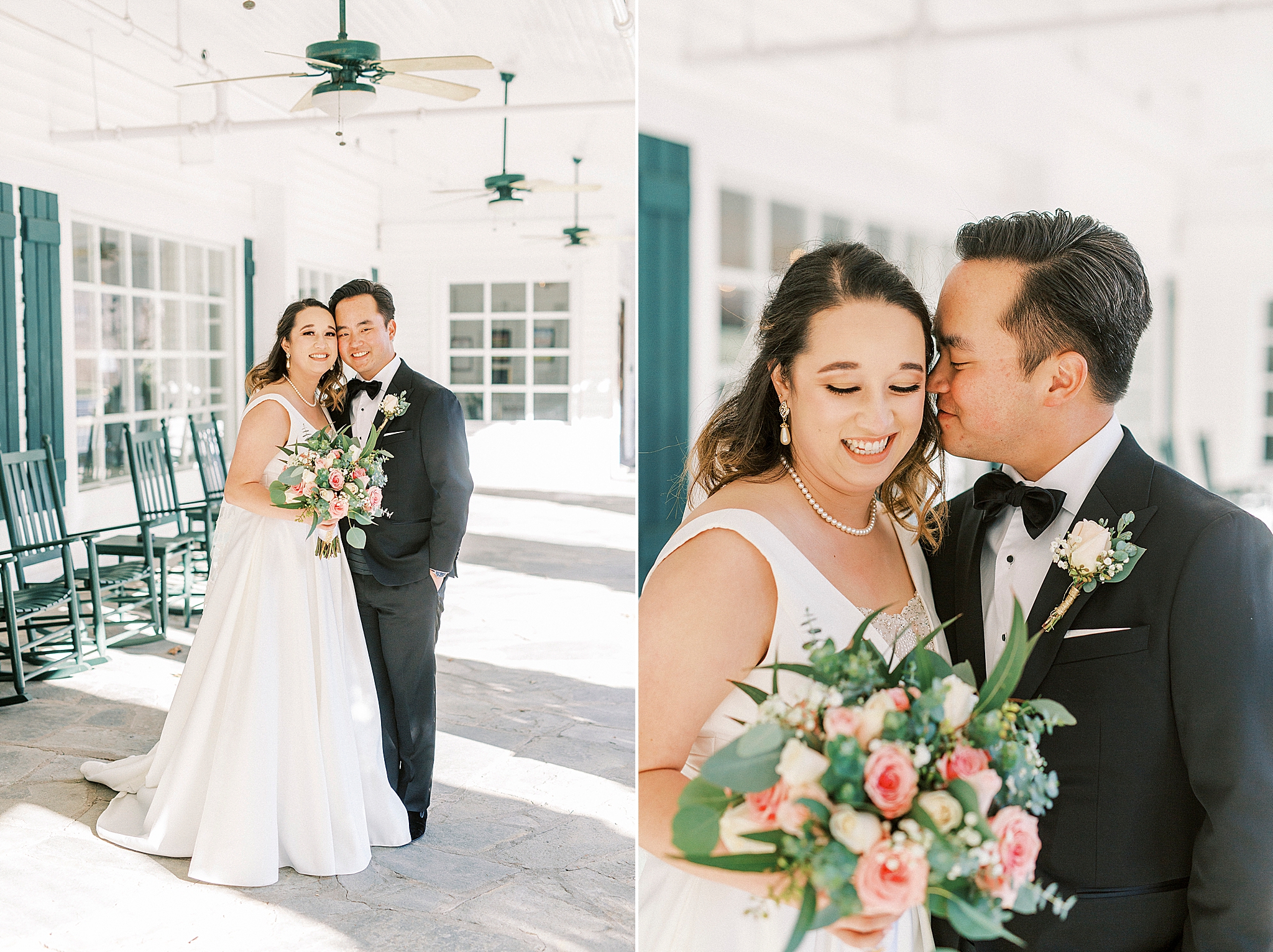 groom gives bride a kiss on the cheek during NC wedding day