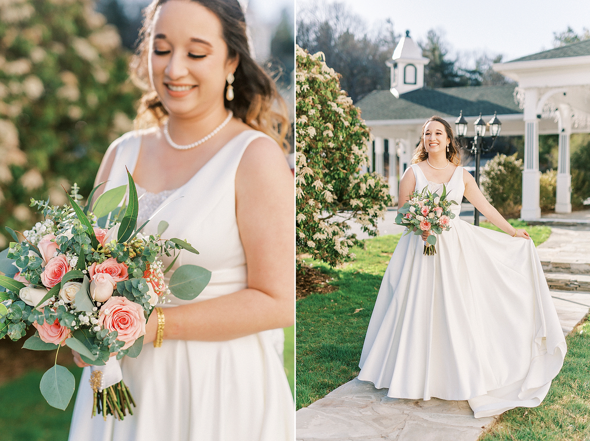 bride holds bouquet of pink and ivory flowers