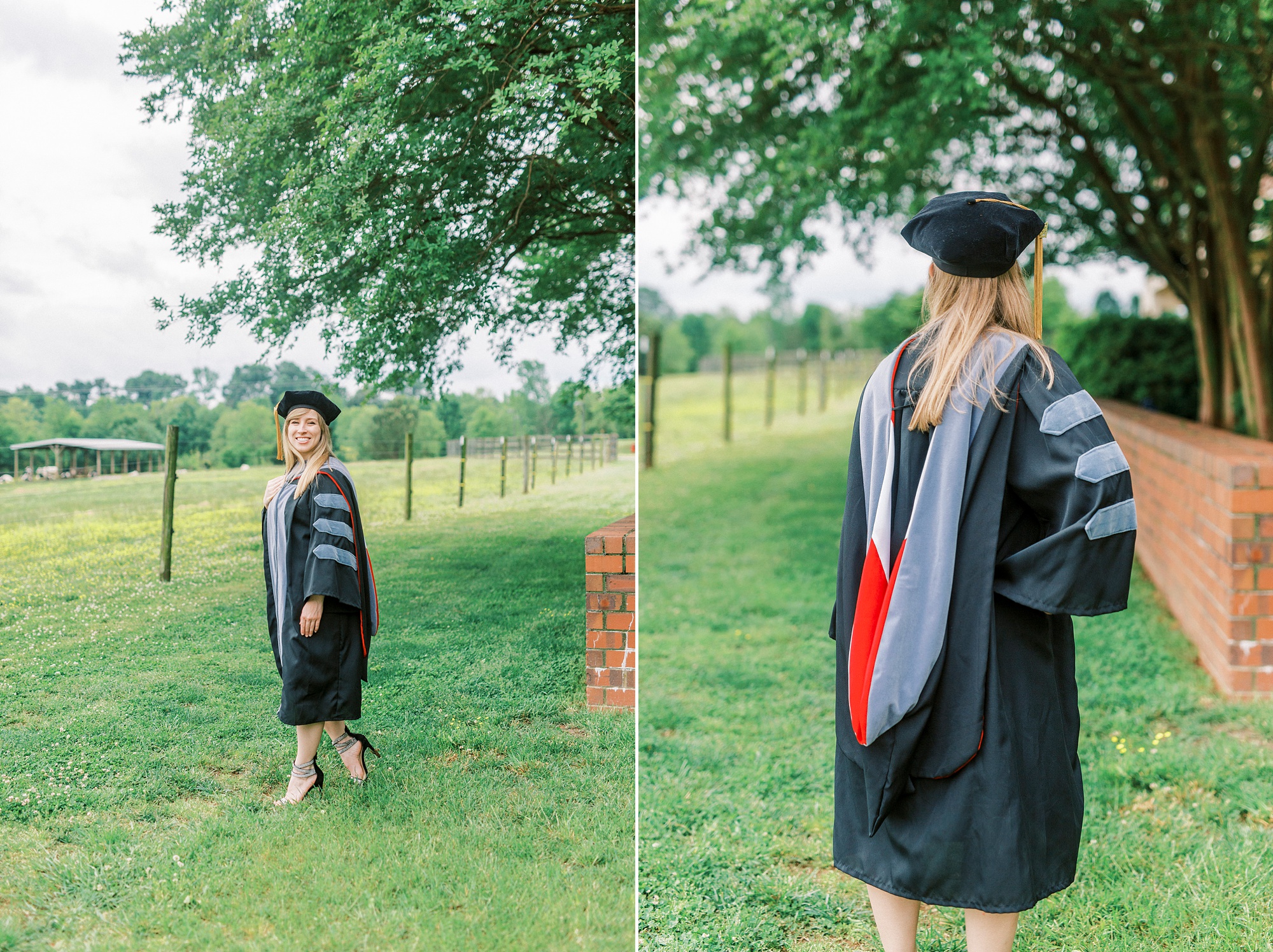 vet school graduate poses in cap and gown in field
