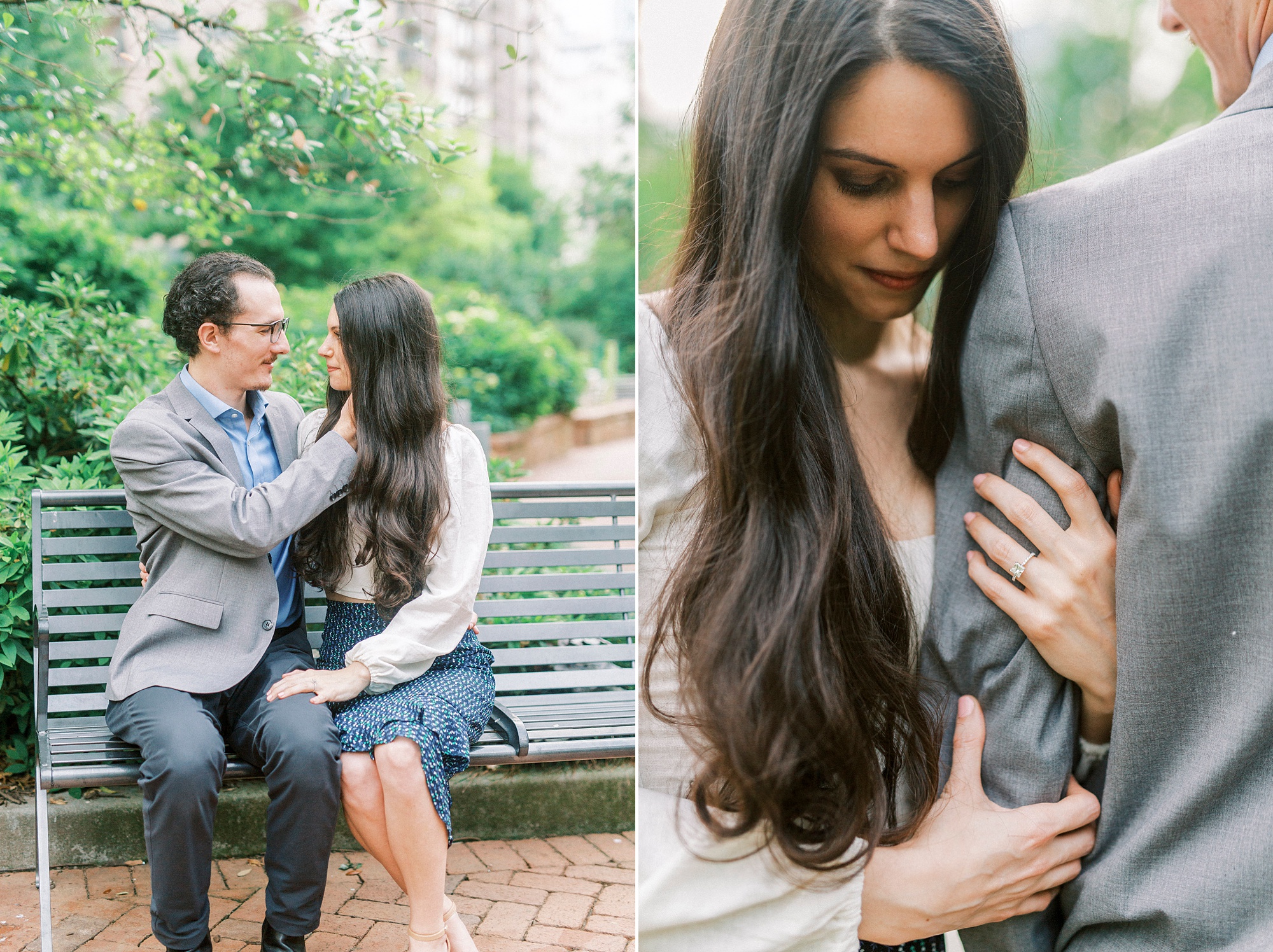 bride and groom sit on bench in Charlotte park