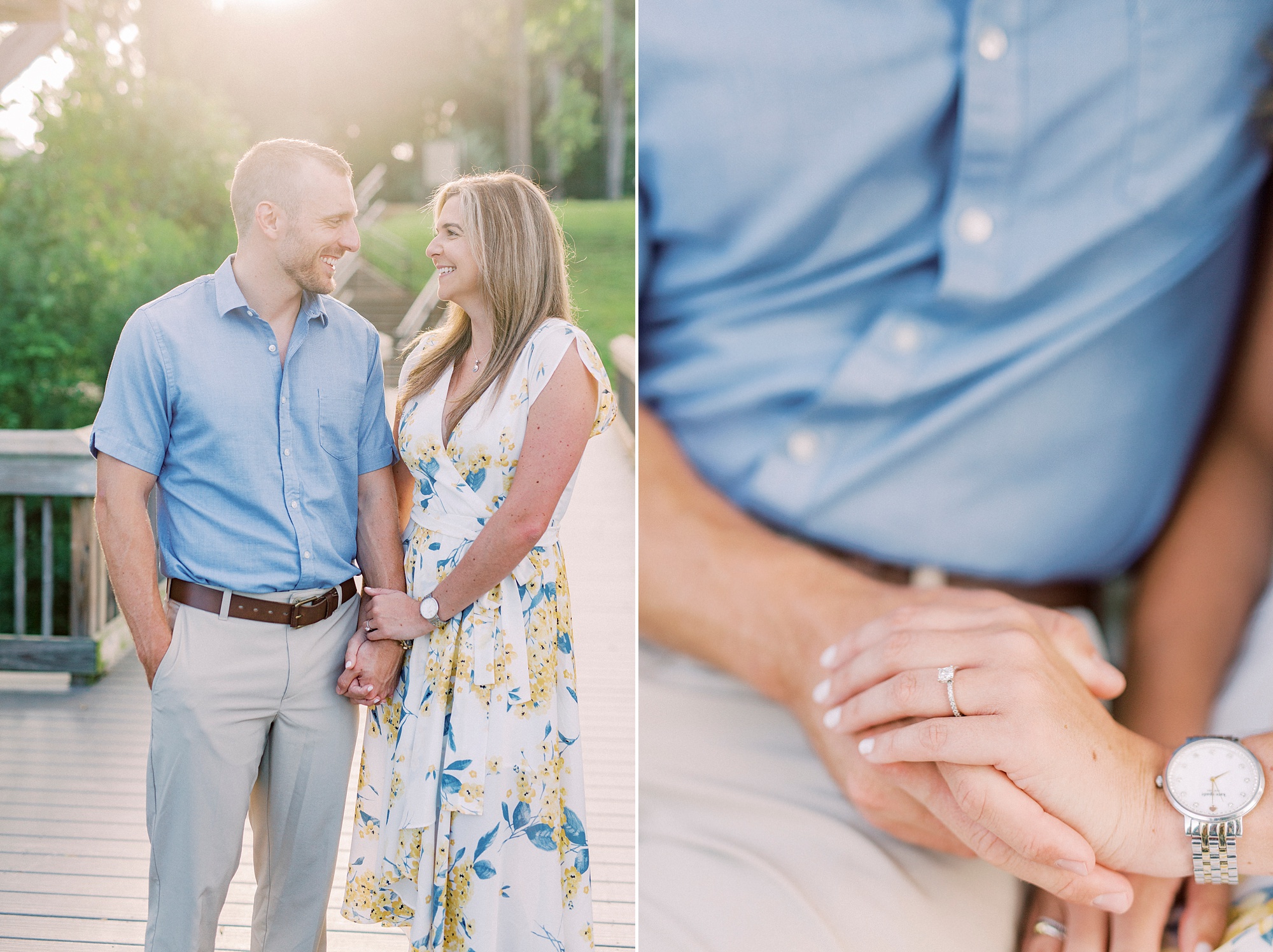 spring Downtown Belmont engagement portraits along water