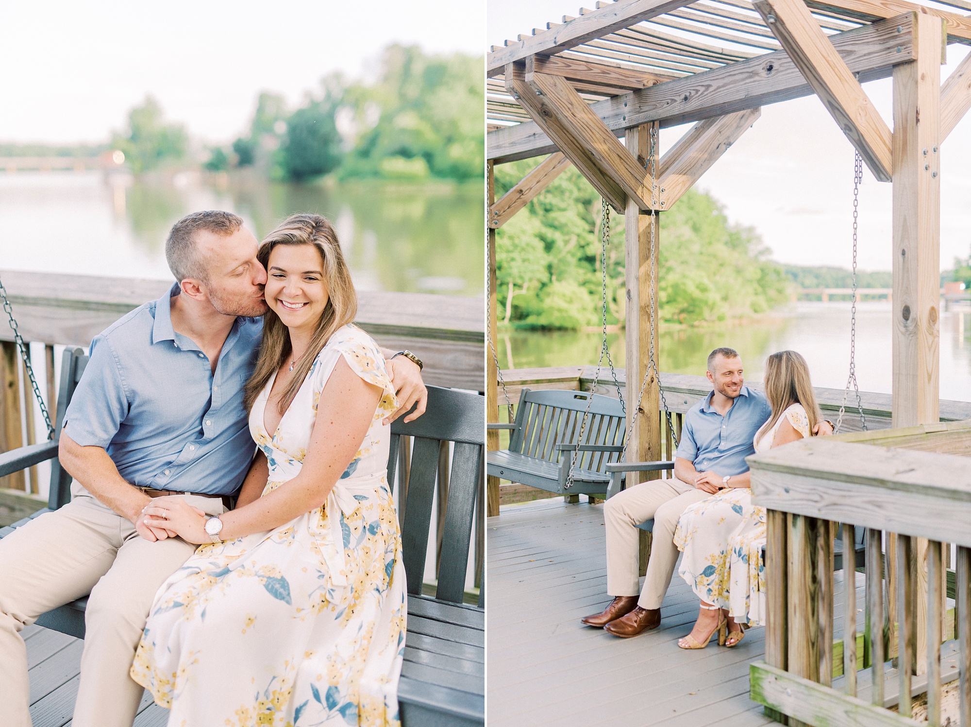 engagement portraits under wooden arbor at Kevin Loftin Park
