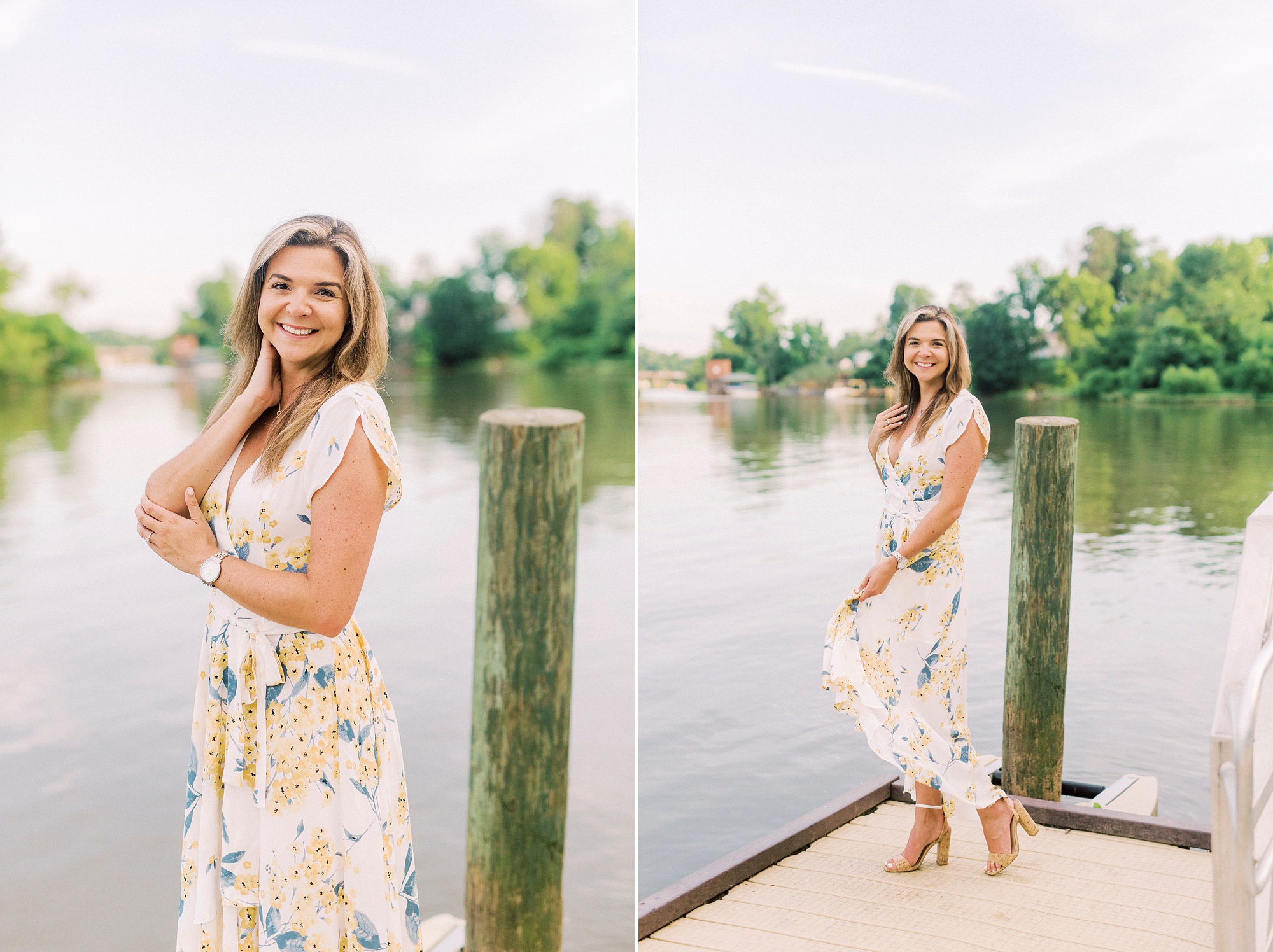 bride twirls light yellow floral print dress