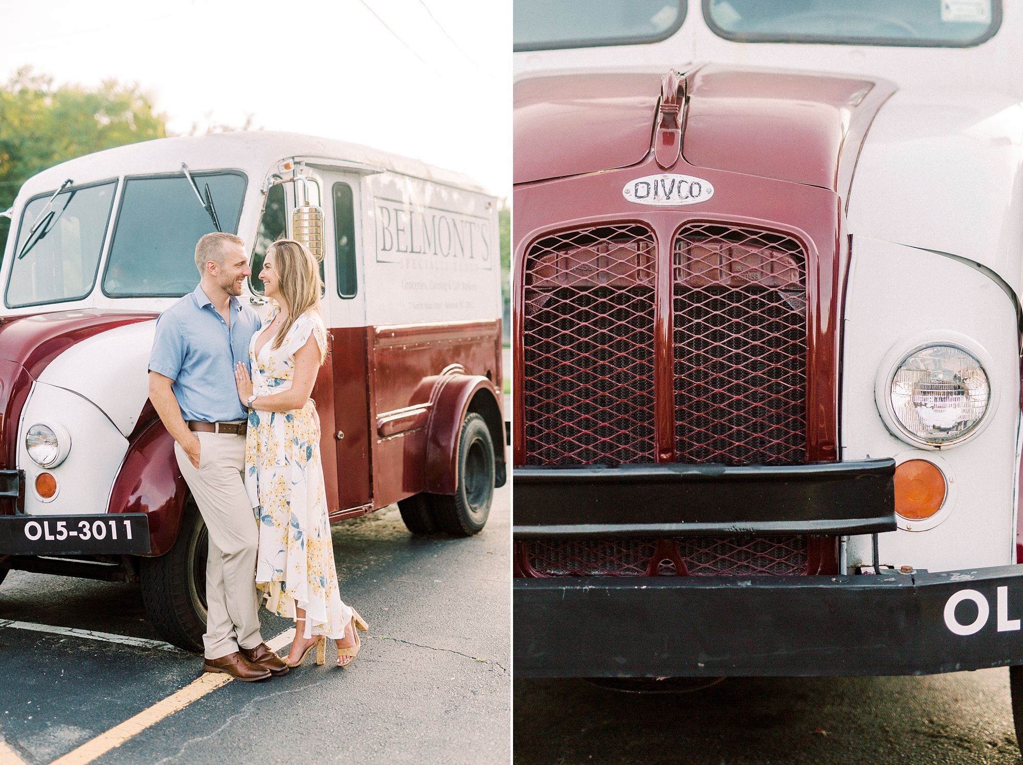 bride and groom pose by delivery truck during Downtown Belmont engagement session
