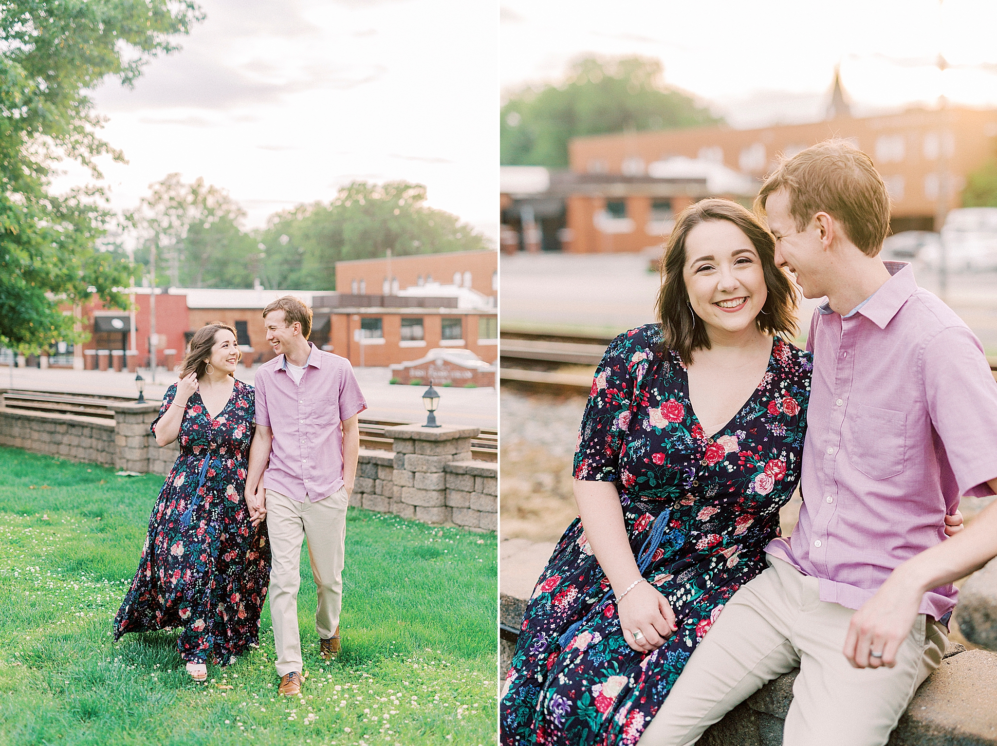 husband and wife sit by train station in Downtown Mooresville
