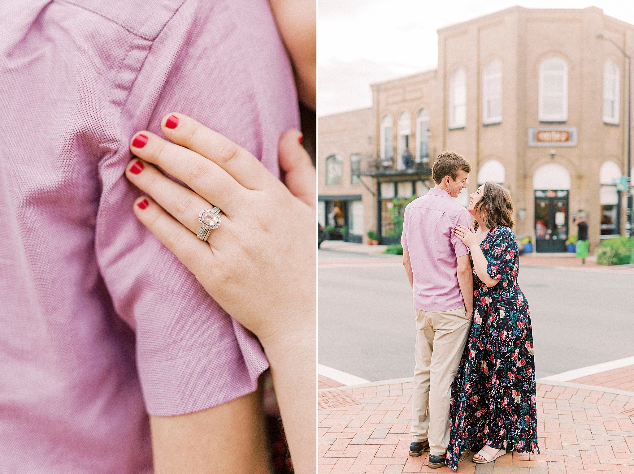 wife holds husband's arm showing off red nails and ring