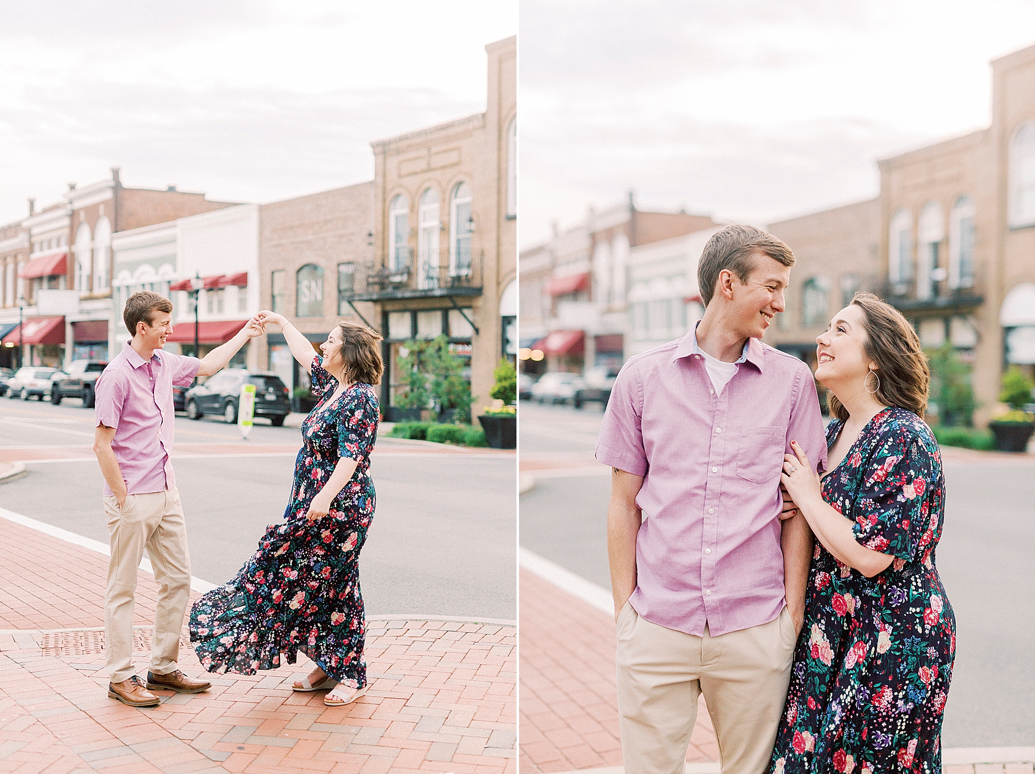 couple hugs on street in Downtown Mooresville