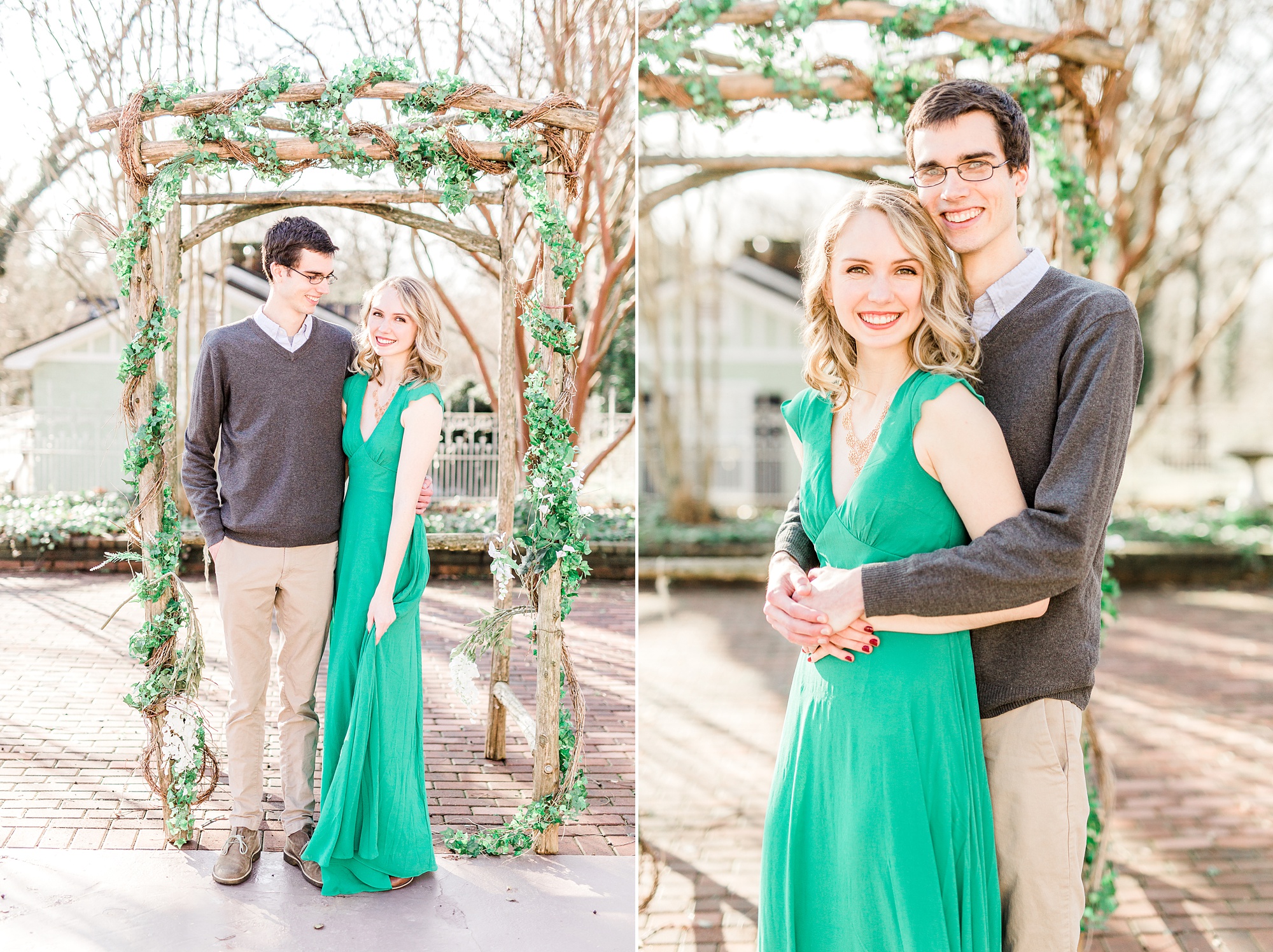 bride and groom pose by natural arbor at 1812 Hitching Post