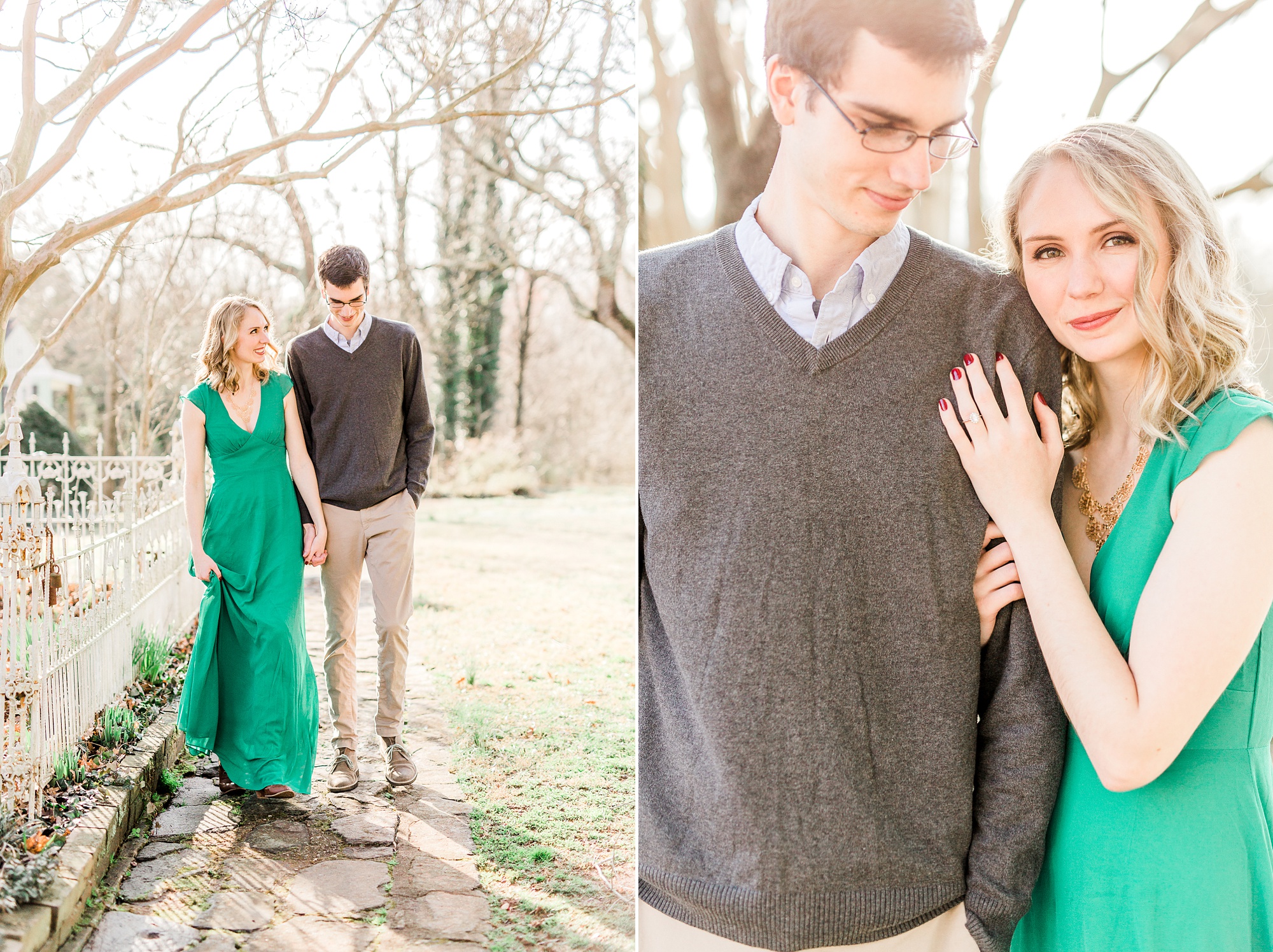 bride holds groom's arm during the 1812 Hitching Post engagement session