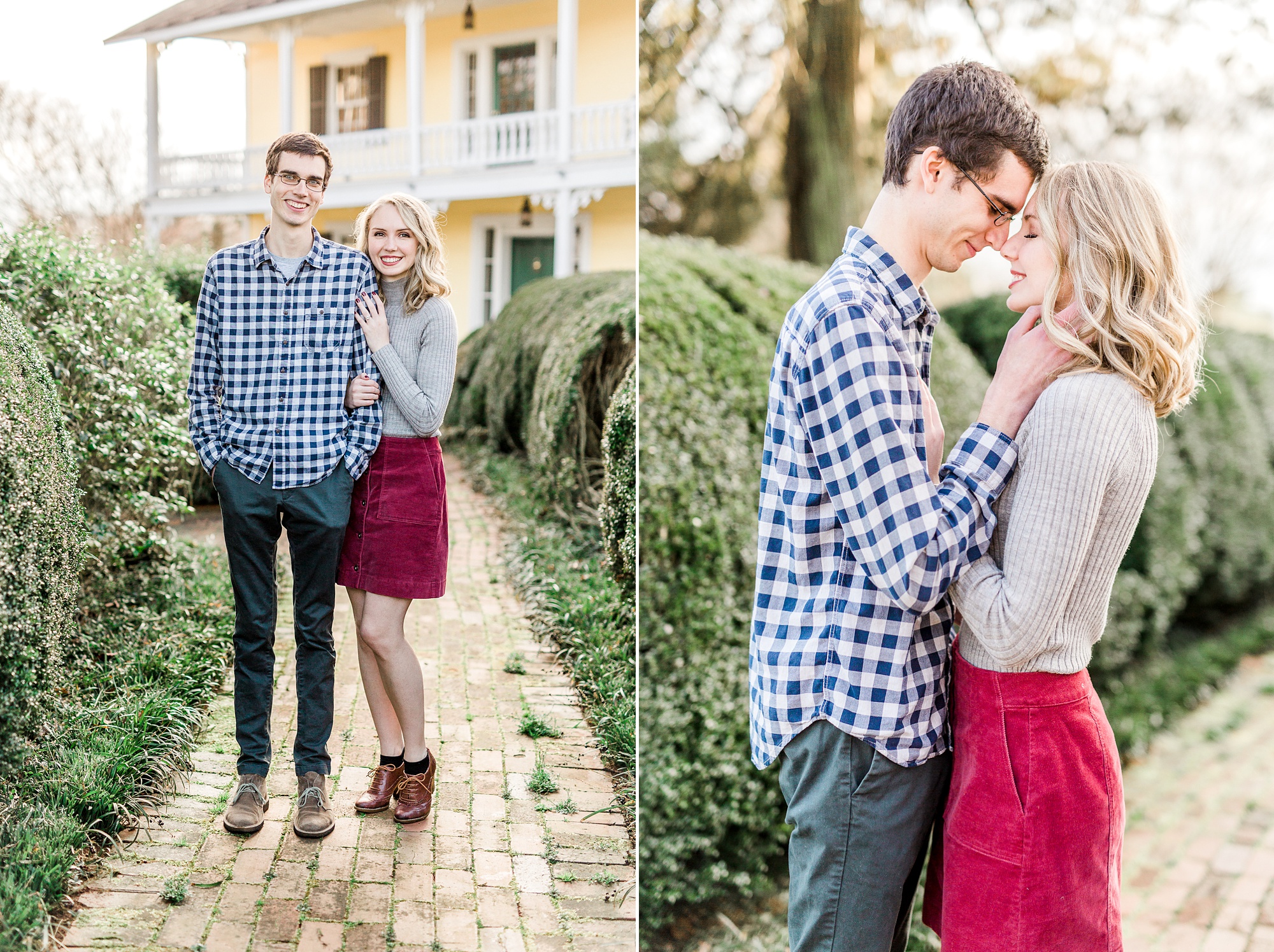 engaged couple poses on brick pathway at the 1812 Hitching Post